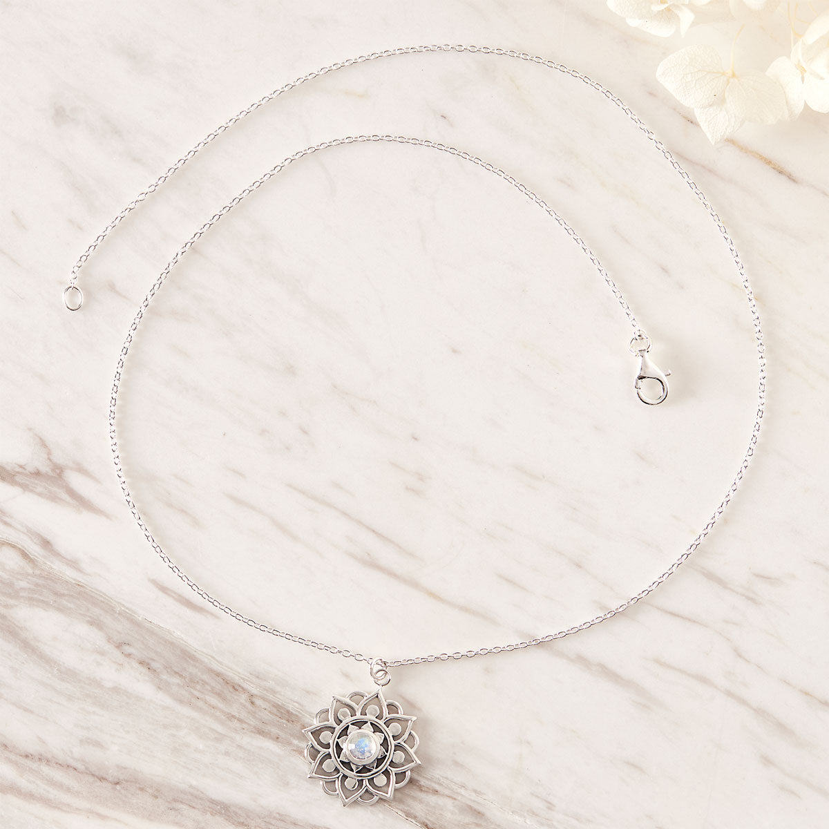 Snowflake Mandala Moonstone Necklace - Handmade Sterling Silver Pendant with Healing Crystal for Women - Perfect for Yoga, Meditation & Boho Fashion