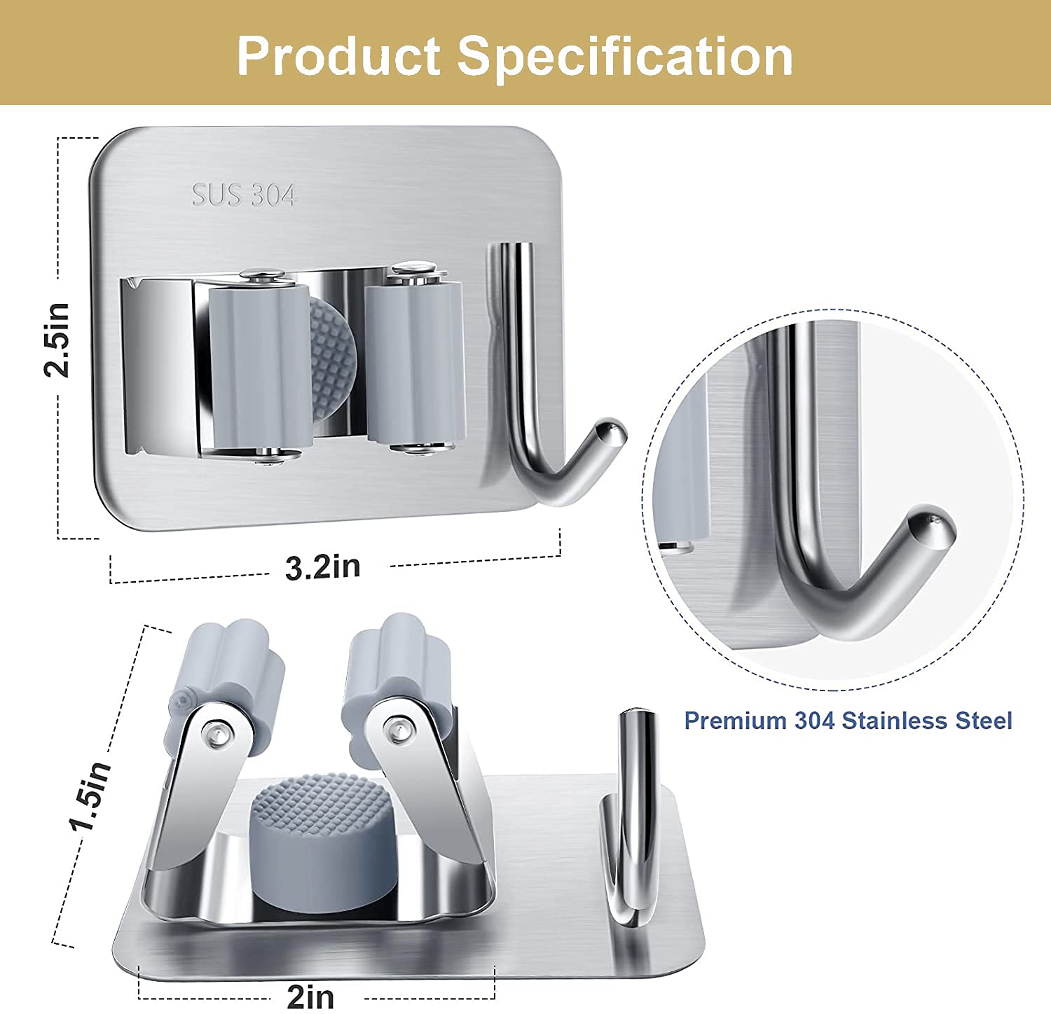 3PCS Heavy Duty 304 Stainless Steel Broom Mop Holder Wall Mount - Durable Utility Storage Rack for Brooms, Mops & Tools - Perfect for Home, Office, Closet & Garden Organization