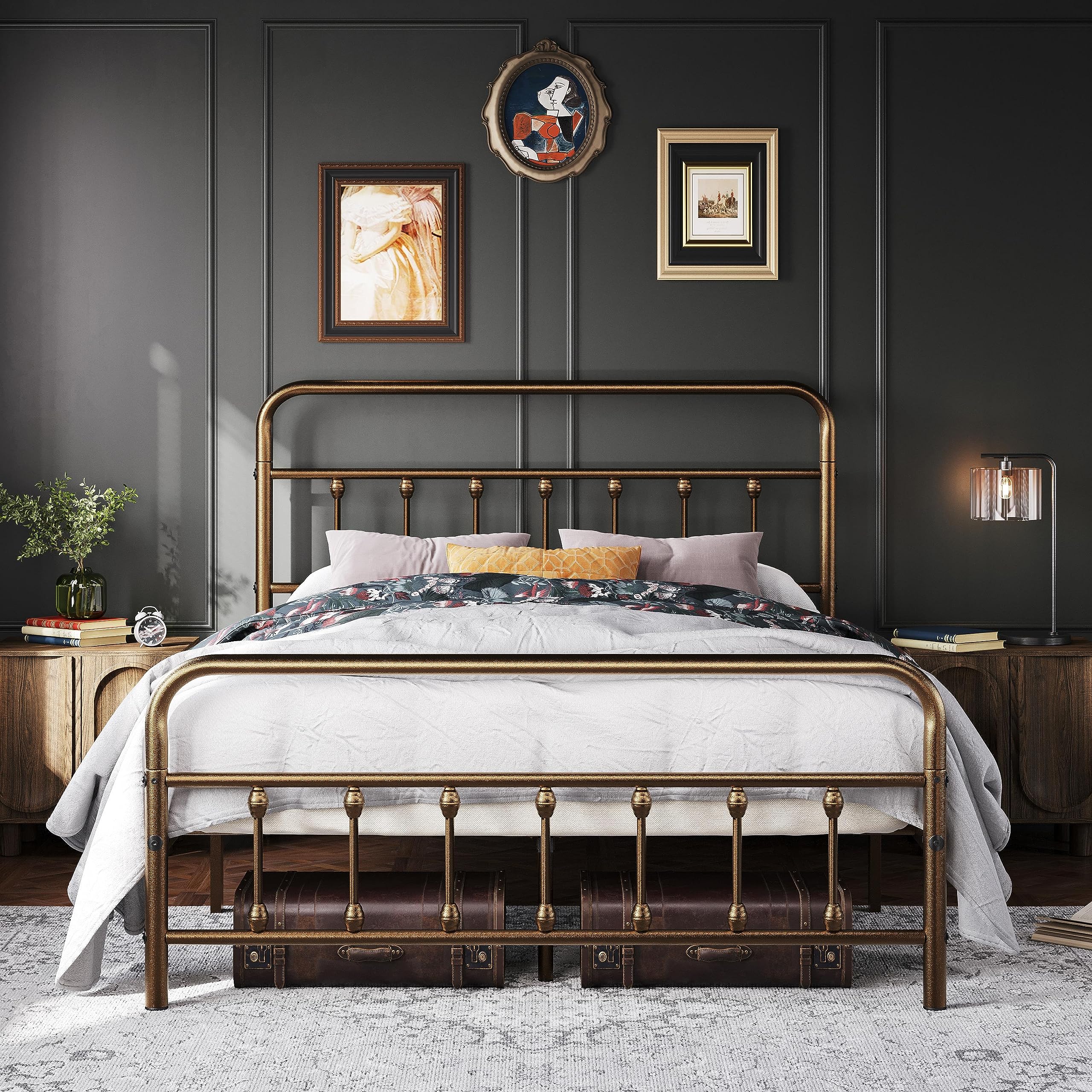 Topeakmart Queen Size Victorian Style Metal Bed Frame with Headboard - Sturdy Slat Support, No Box Spring Needed, Under Bed Storage - Perfect for Guest Rooms, Master Bedrooms & Small Spaces