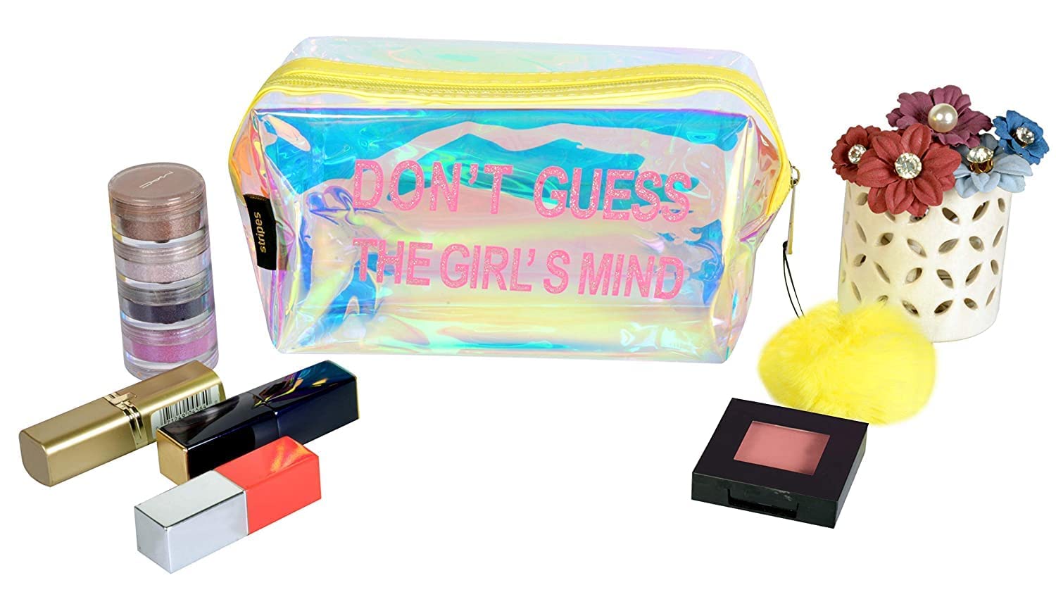VIBGYOR Gold Waterproof Clear PVC Transparent Holographic Cosmetic Bag - Makeup Pouch Travel Organizer for Women & Girls with Yellow Pom Pom - Perfect for Travel, Gym, Beach & Daily Essentials Storage