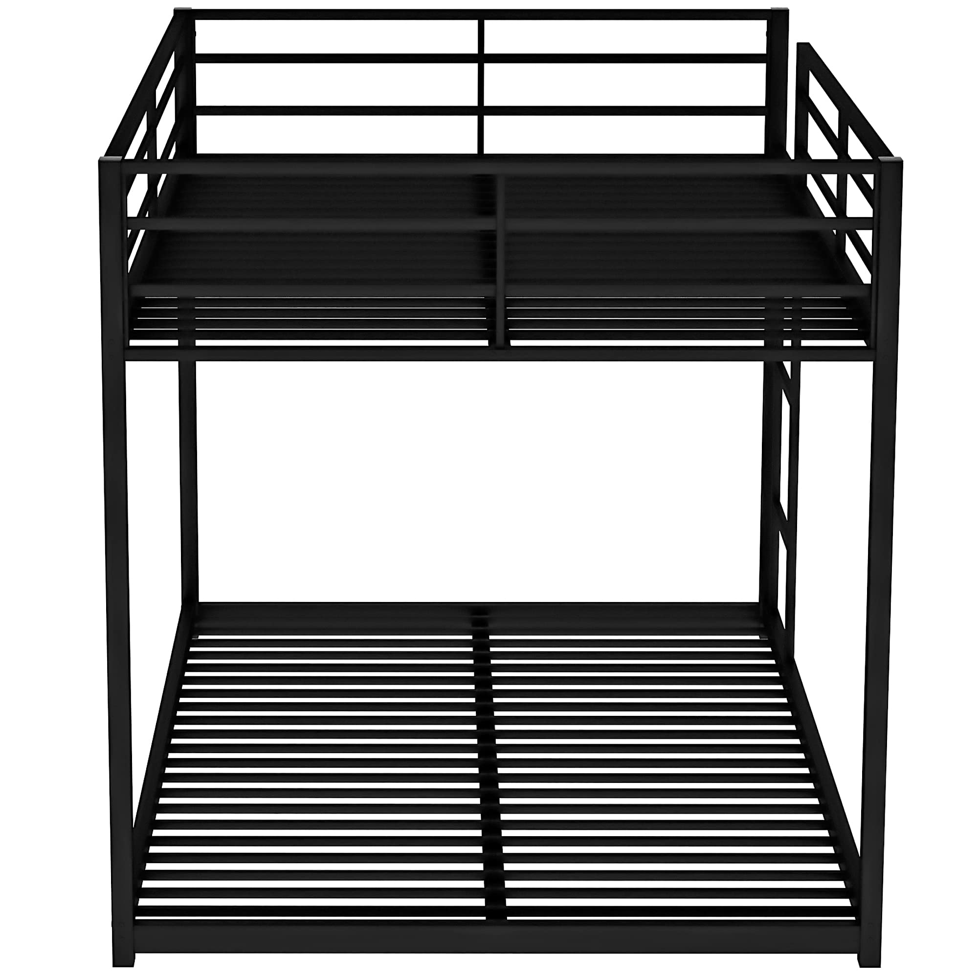BOVZA Full Over Full Metal Bunk Bed with Built-in Ladder, Low Profile Floor Bunk Bed Frame for Kids & Teens - Black | Space-Saving Bedroom Solution for Siblings, Sleepovers & Small Rooms