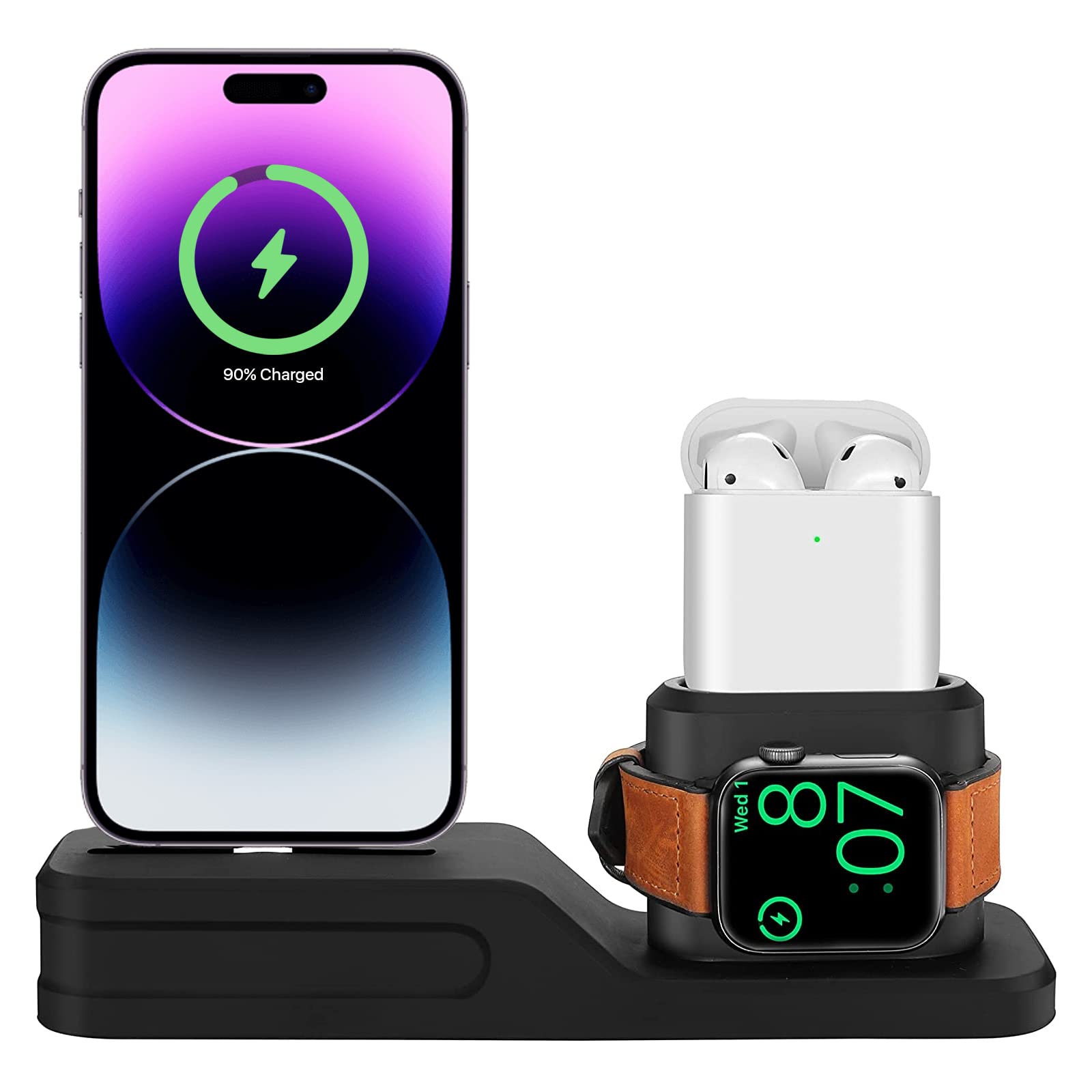 3-in-1 Apple Charging Station for iPhone, AirPods & Apple Watch - Fast Wireless Charger Stand with Silicone Base - Universal Smartphone Charging Dock - Perfect for Home, Office & Travel (Black)