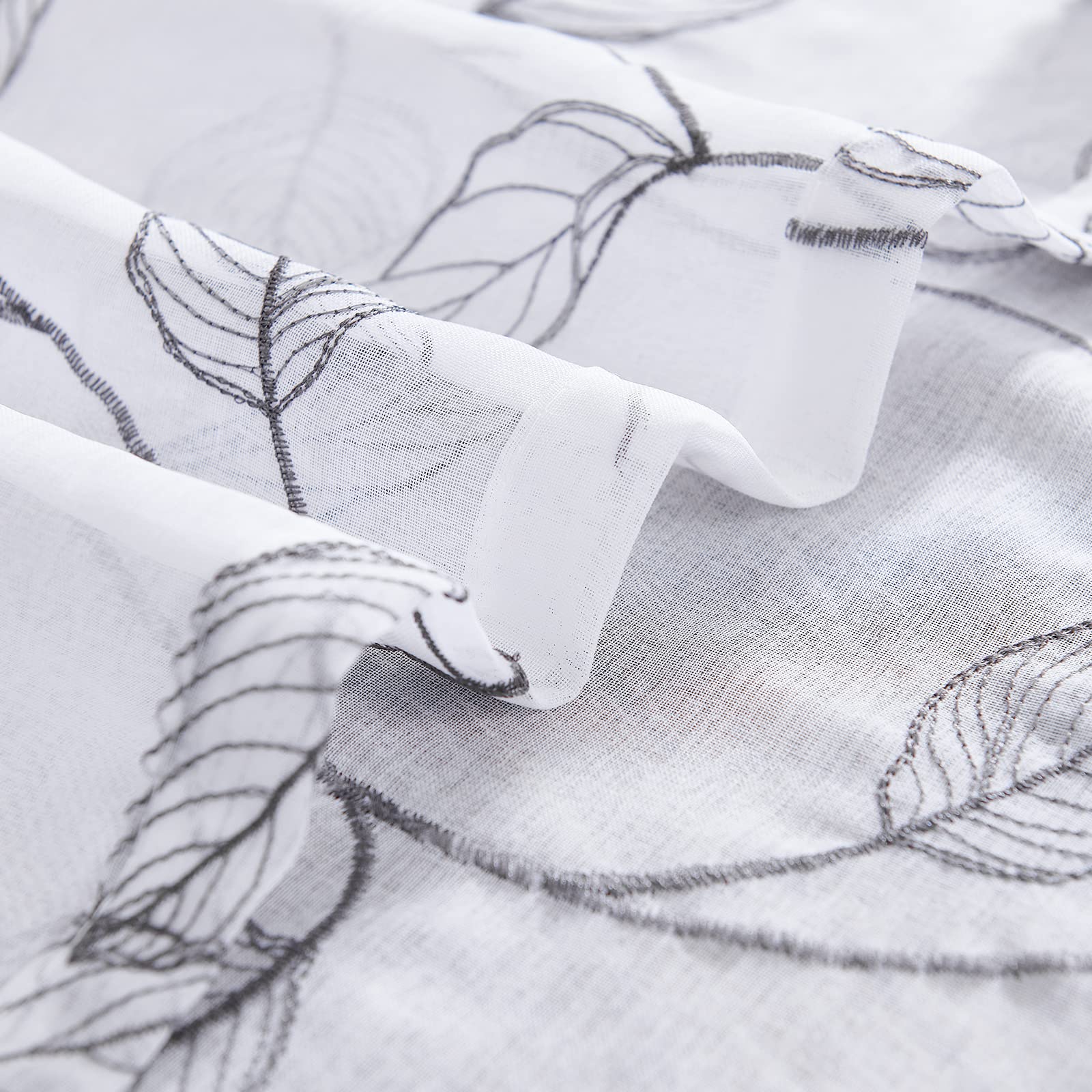 White Sheer Grey Leaf Embroidered Voile Kitchen Curtain Valance - 18 Inch Rod Pocket Farmhouse Window Treatment for Kitchen, Living Room & Bedroom