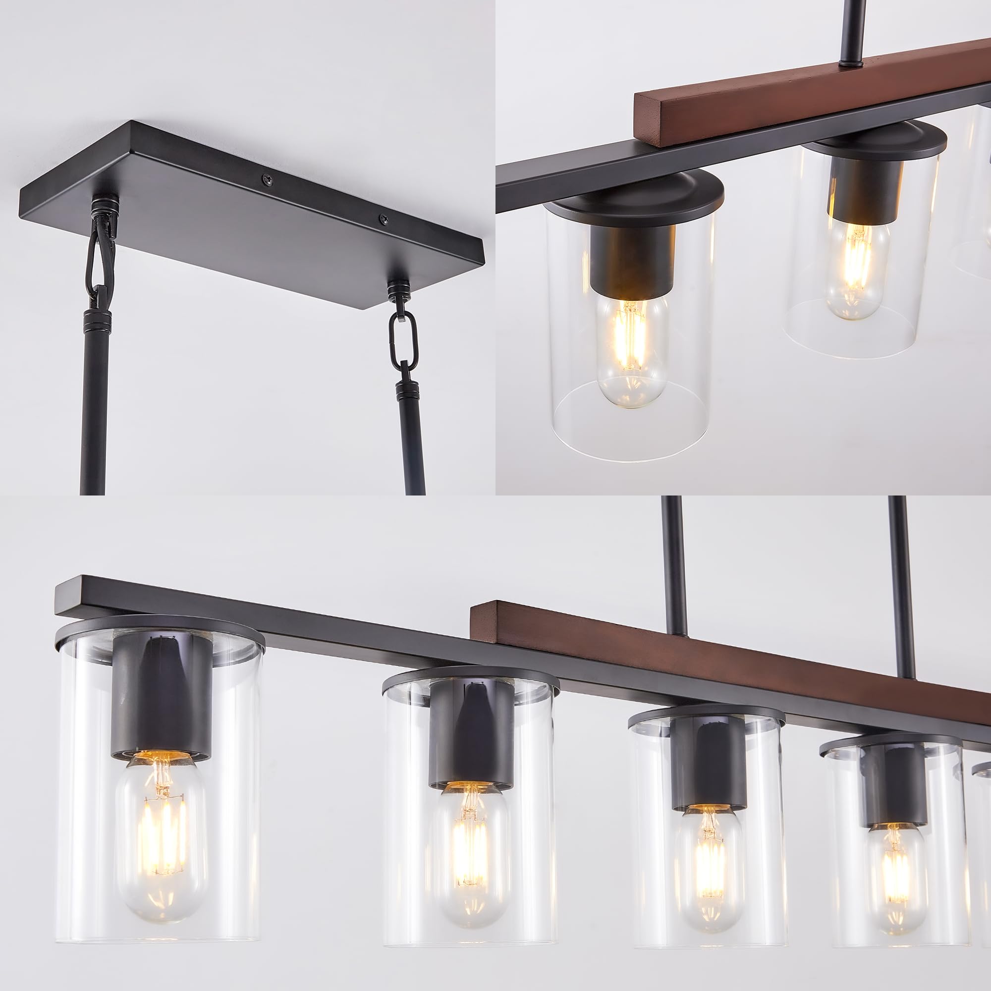 Farmhouse Style Black 6-Light Linear Chandelier - Wood Accent Pendant Lighting for Dining Room & Kitchen Island | Perfect for Rustic, Modern, and Industrial Home Decor