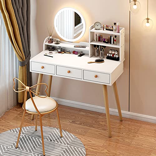 White Wooden Makeup Vanity Set with Lighted Mirror & Stool - 100CM Dressing Table for Bedroom