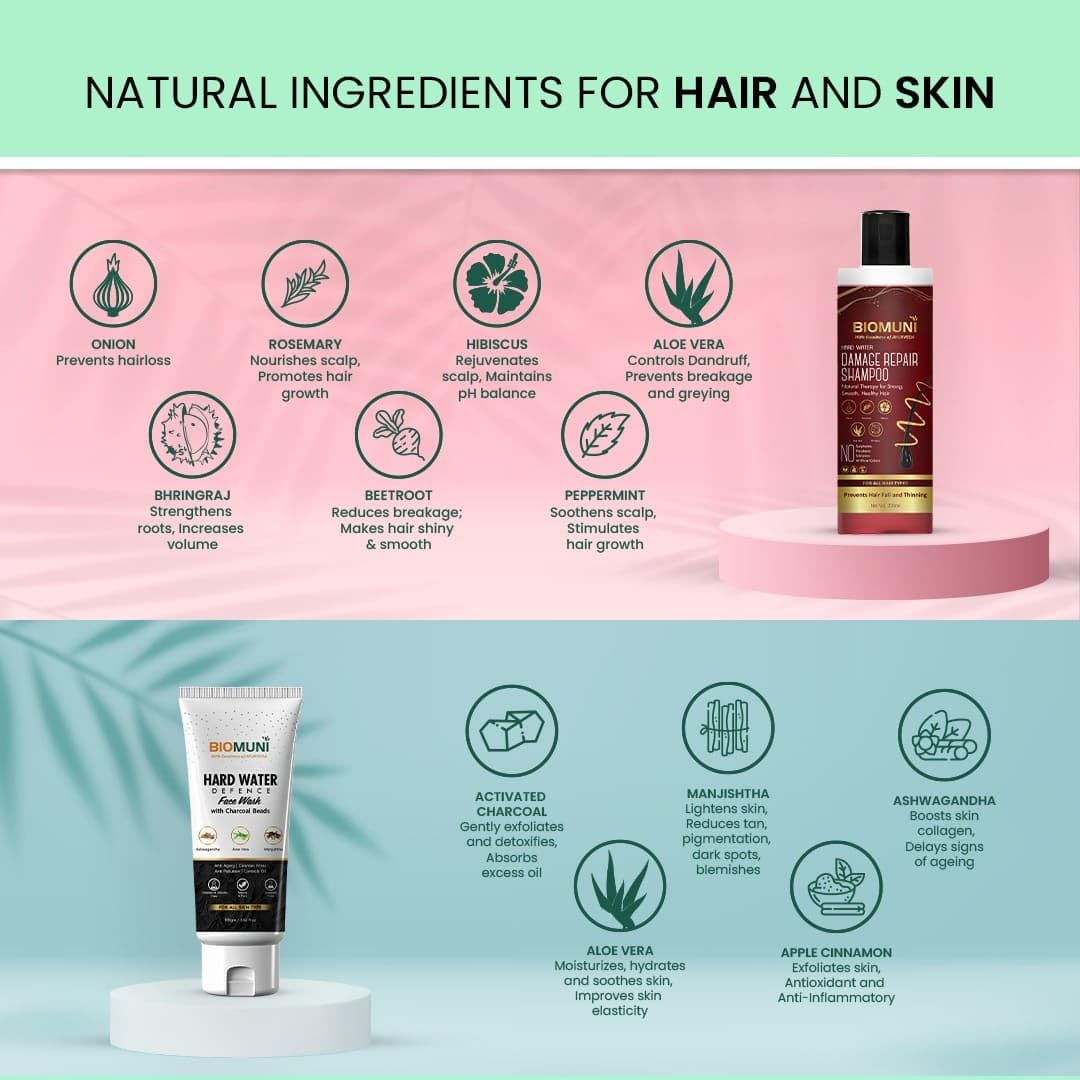 BIOMUNI Natural Ayurvedic Hard Water Defense Face Wash 100ml - Anti Acne, Skin Brightening, Sulfate & Paraben Free | Moisturizing, Oil Control, Anti-Pollution with Ashwagandha, Activated Charcoal & Aloe Vera | For Men, Women & Kids - All Skin Types | Perfect for Daily Cleansing & Pollution Protection