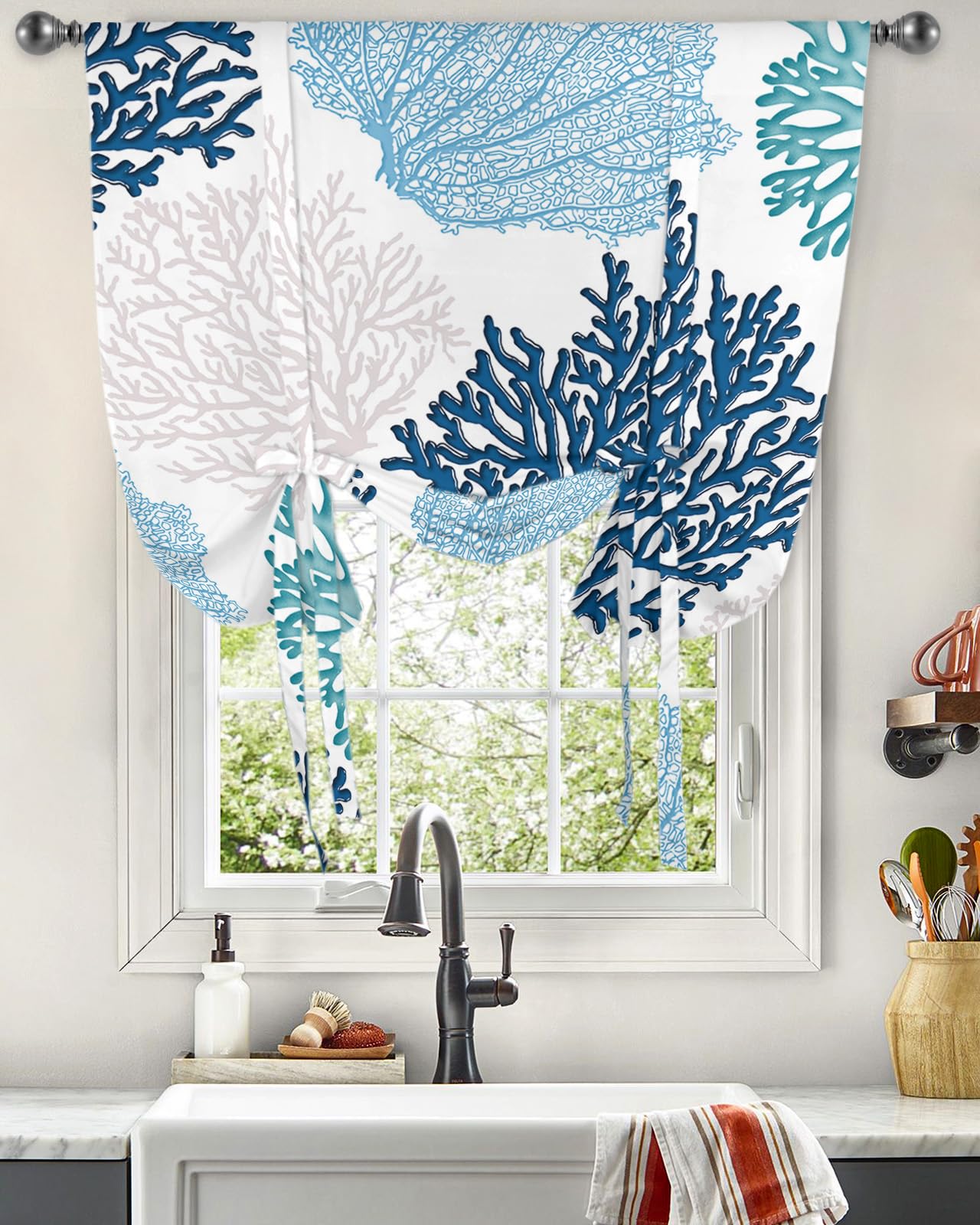 Tie Up Curtains for Windows - Blue White Geometric Abstract Design with Adjustable Rod Pocket, 42x54 Inch Balloon Window Shades for Bathroom & Kitchen | Perfect for Coastal Decor, Summer Beach House, and Marine-Themed Rooms