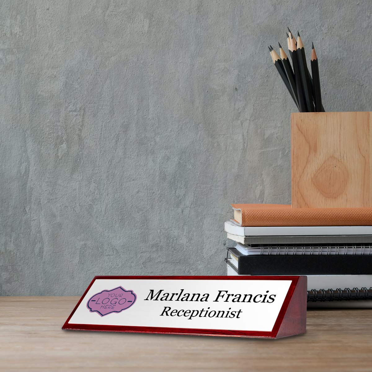 Rosewood Desk Wedge Name Plate - 8x2 Inches, White - Elegant Office Name Sign for Desks, Reception, and Professional Workspaces