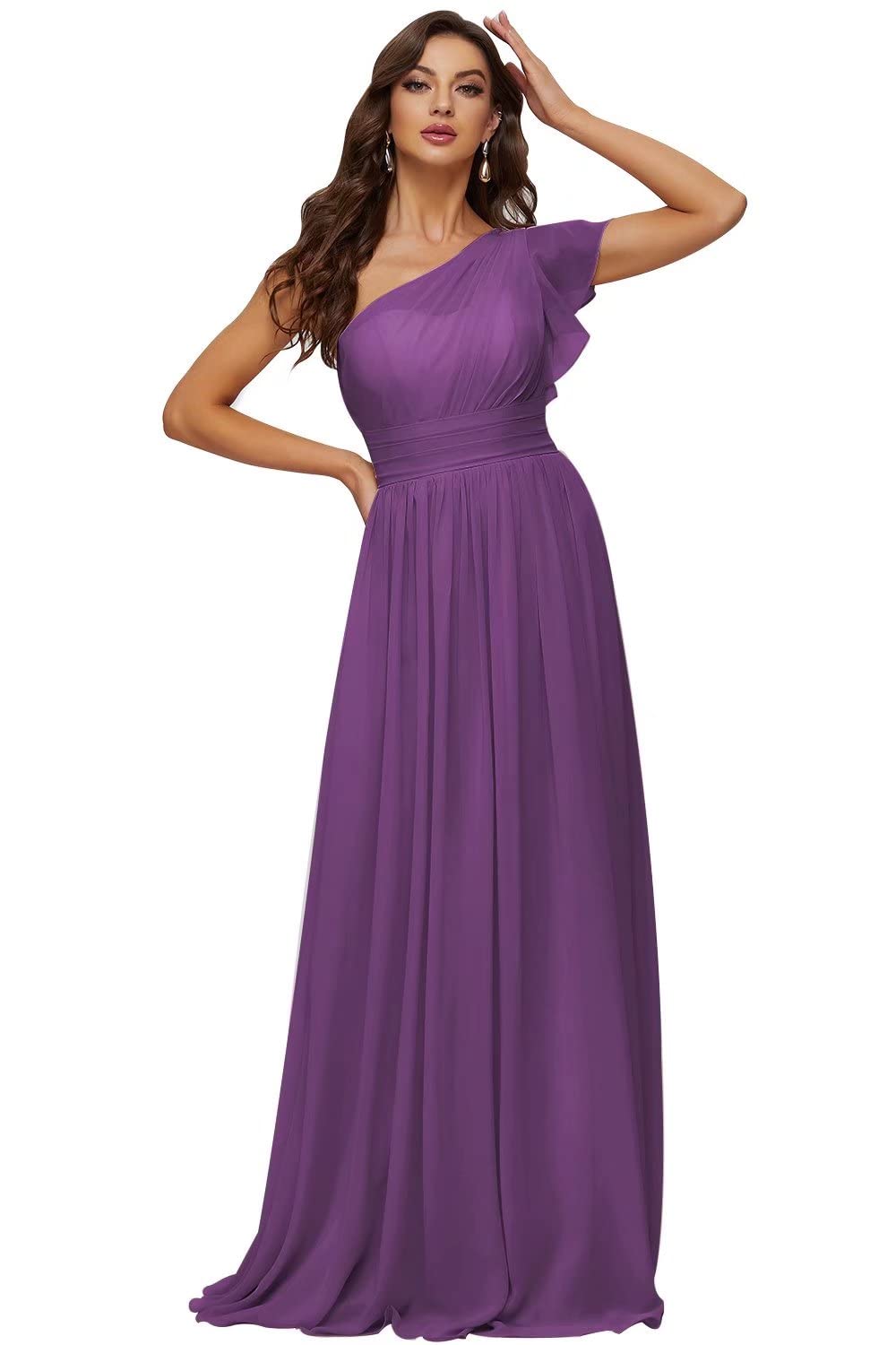 UZN Women's One Shoulder Bridesmaid Dress Long Ruffle Sleeve Chiffon Pleated Wedding Guest Gown - Perfect for Formal Events, Evening Parties & Special Occasions