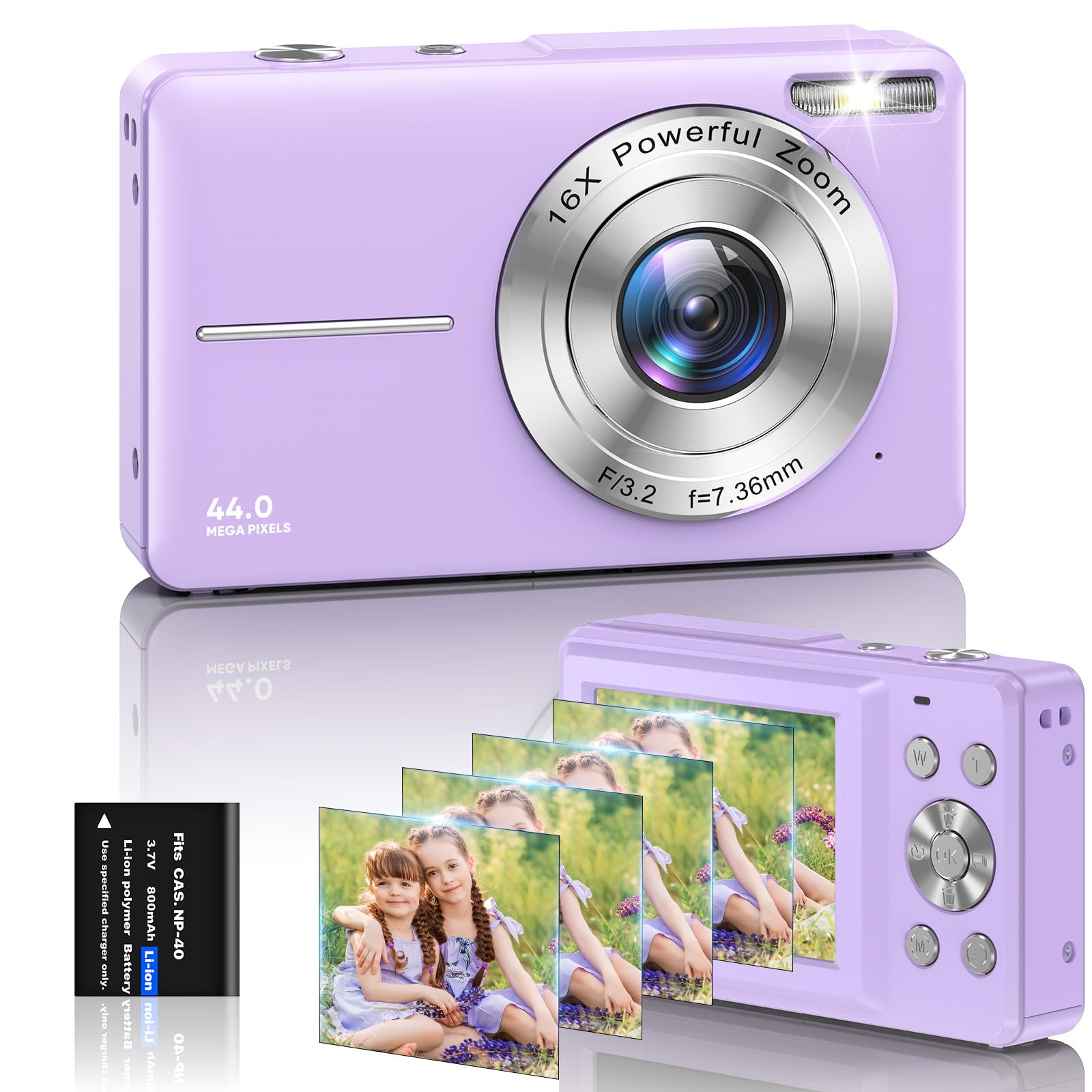 **44MP Kids Digital Camera with 1080P FHD, 16X Digital Zoom, Rechargeable - Compact & Lightweight for Kids, Teens, Beginners (Purple) - Perfect for Travel, Birthday Gifts & Photography Learning**