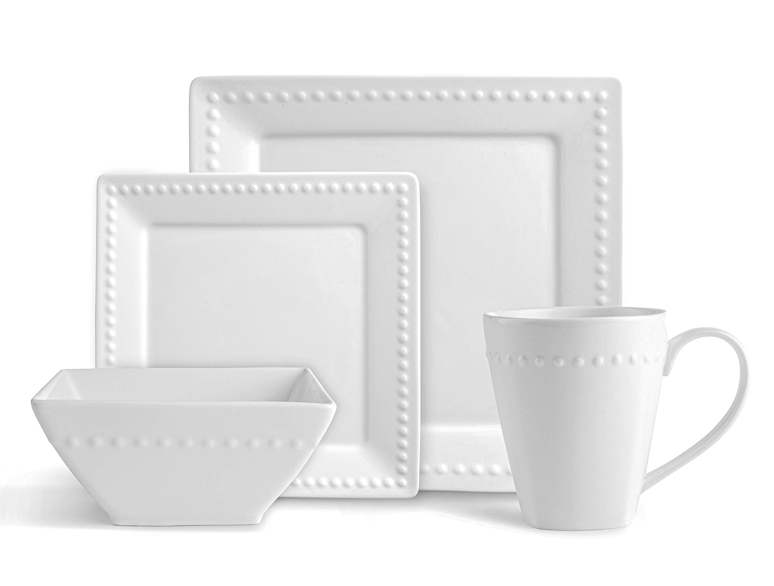 Royalty Art 16-Piece Square Hobnail Dinnerware Set - White Porcelain Plates, Bowls, Coffee Cups & Salad Plates with Drink Mugs - Modern Farmhouse Kitchen Style - Dishwasher & Microwave Safe - Perfect for Family Dinners, Brunch Parties & Coffee Time