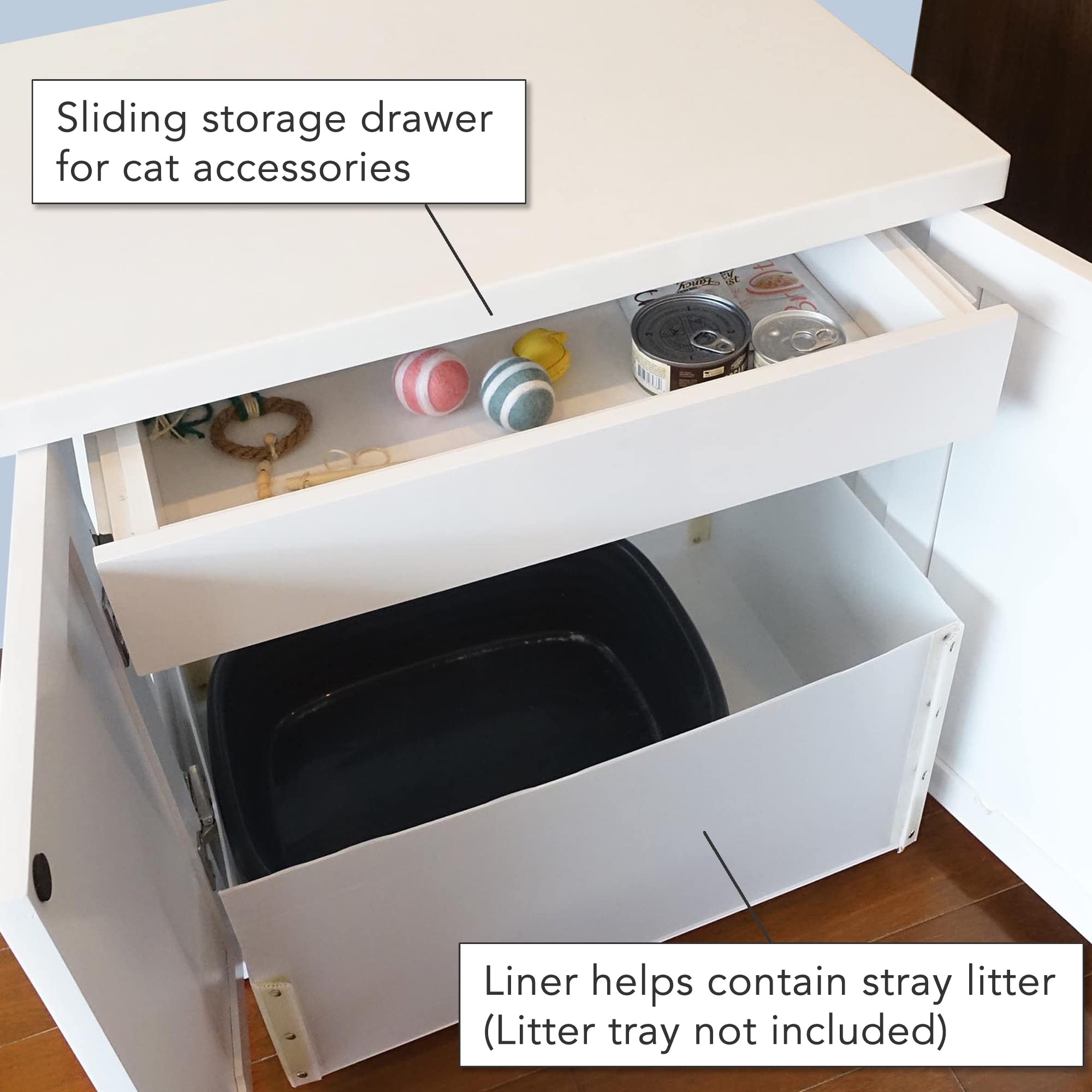 The Refined Feline White Cat Litter Box Enclosure Cabinet - XL Hidden Litter Furniture with Drawer & Round Feet, Cottage Style for Discreet Cat Bathroom - Perfect for Home, Apartment & Pet-Friendly Spaces