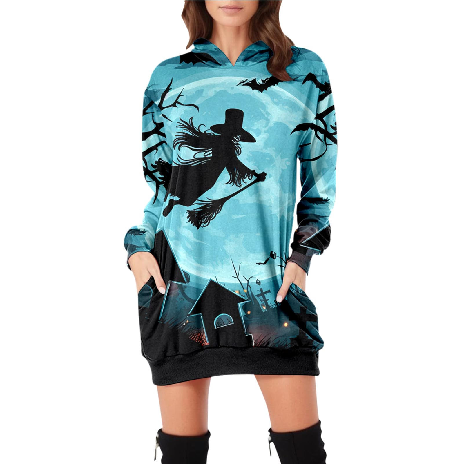 Women's Halloween Print Hooded Sweatshirt - Long Sleeve Loose Fit Pocket Sweater Top | Casual Fall Hoodie for Women | Perfect for Halloween Parties, Pumpkin Picking & Cozy Autumn Outings