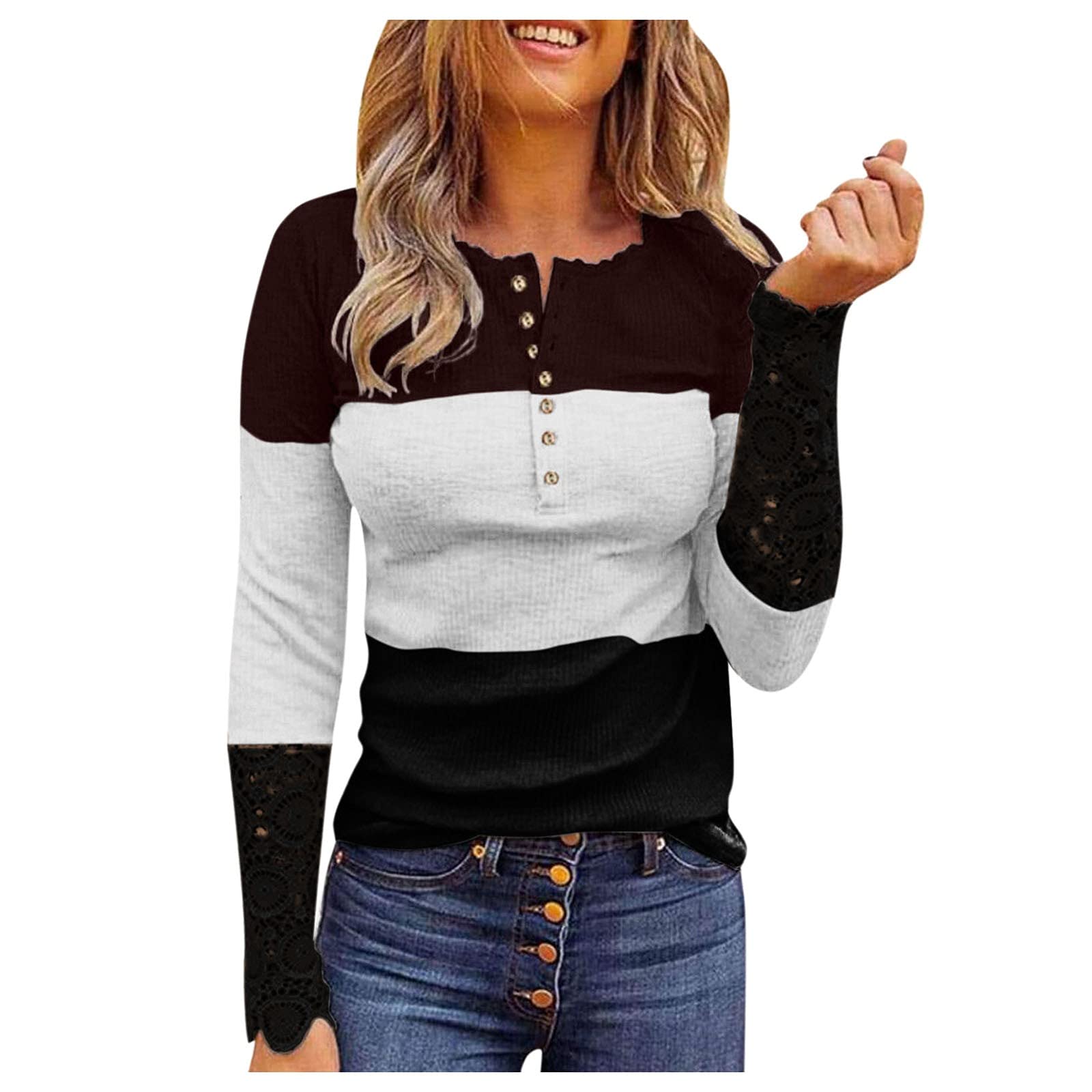 Women's Long Sleeve Waffle Knit Henley Shirt - Color Block Casual Slim Fit Button Up Top for Work & Vintage Style | Perfect for Office, Date Night & Fall Layering
