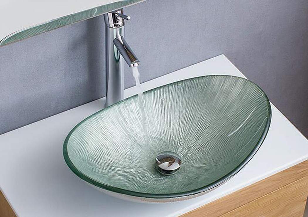 Modern Silver Tempered Glass Vessel Sink - Boat Style Bathroom Vanity Sink with Pop-up Drain & Mounting Ring - Above Counter Utility Sink for Contemporary Bathrooms & Powder Rooms