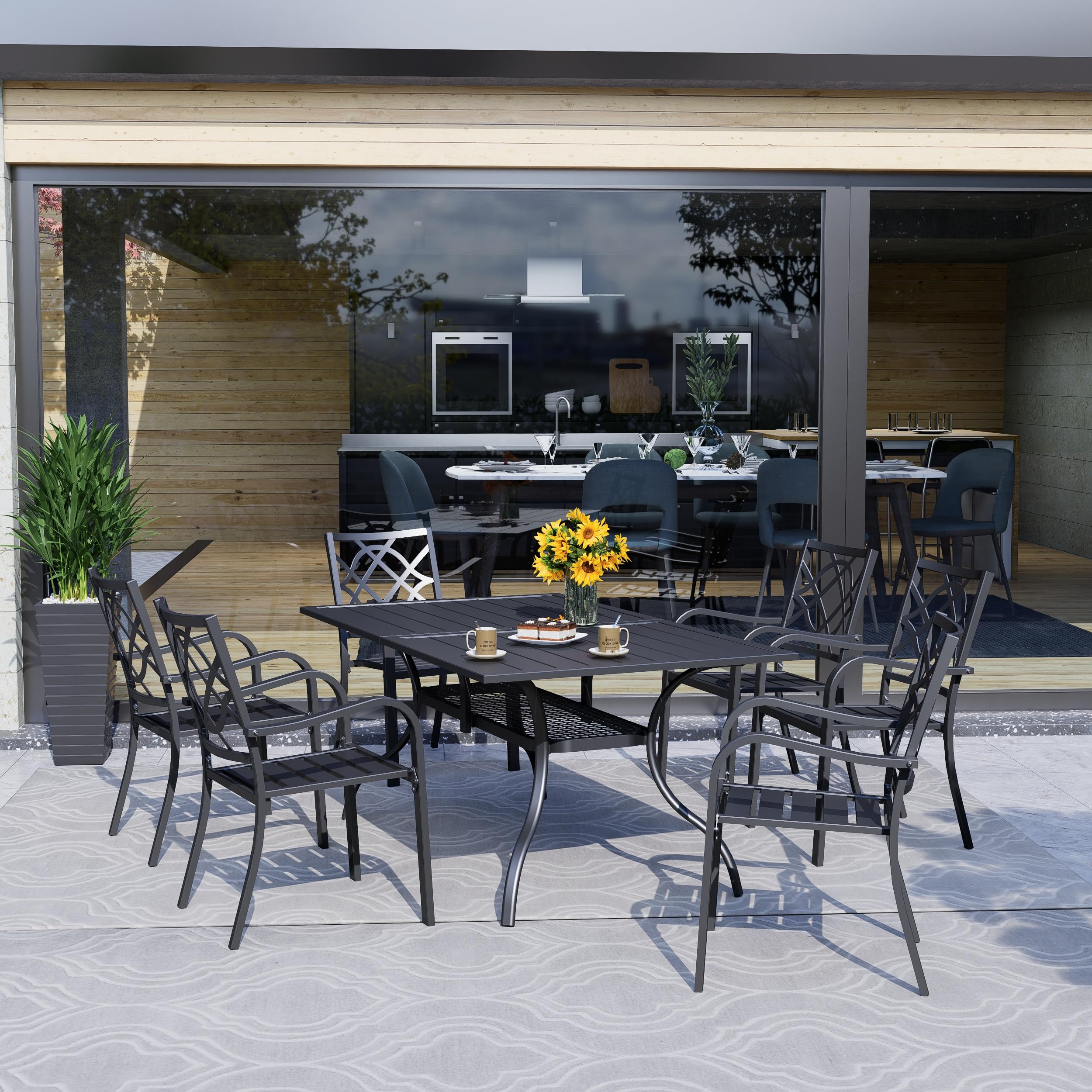 7-Piece Outdoor Patio Dining Set - Durable Metal Furniture with Rectangular Slatted Table (Umbrella Hole) & 6 Stackable Chairs - Perfect for Backyard, Garden, Poolside & BBQ Gatherings