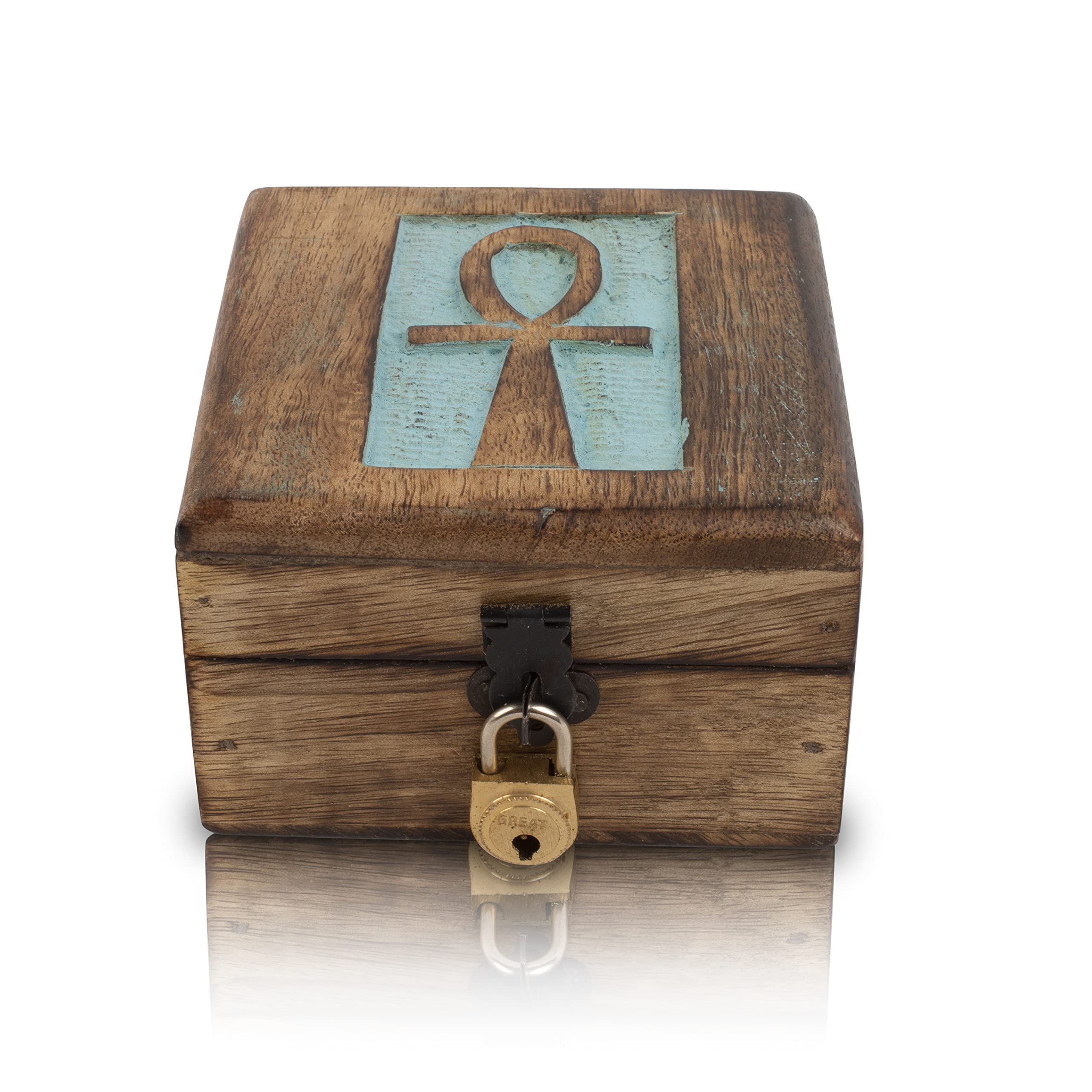 Handmade Wooden Jewelry Box with Ankh Carving - 4x4 Inch Blue Jewelry Organizer, Keepsake & Watch Storage Box - Perfect for Housewarming Gifts, Travel & Home Decor