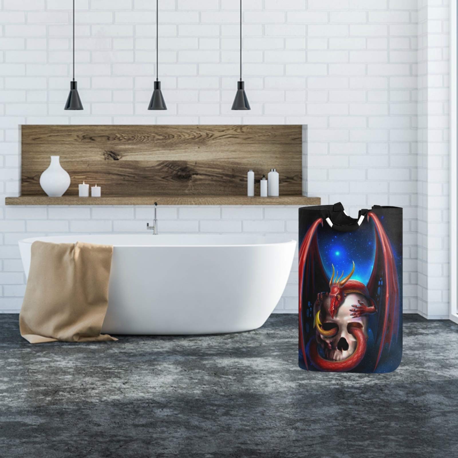 Visesunny Red Dragon Skull Large Laundry Bag - Collapsible Oxford Fabric Laundry Hamper with Handles, Foldable Portable Dirty Clothes Basket, Waterproof Washing Bin & Laundry Tote Bag for College Dorm, Camping, Travel & Home Organization
