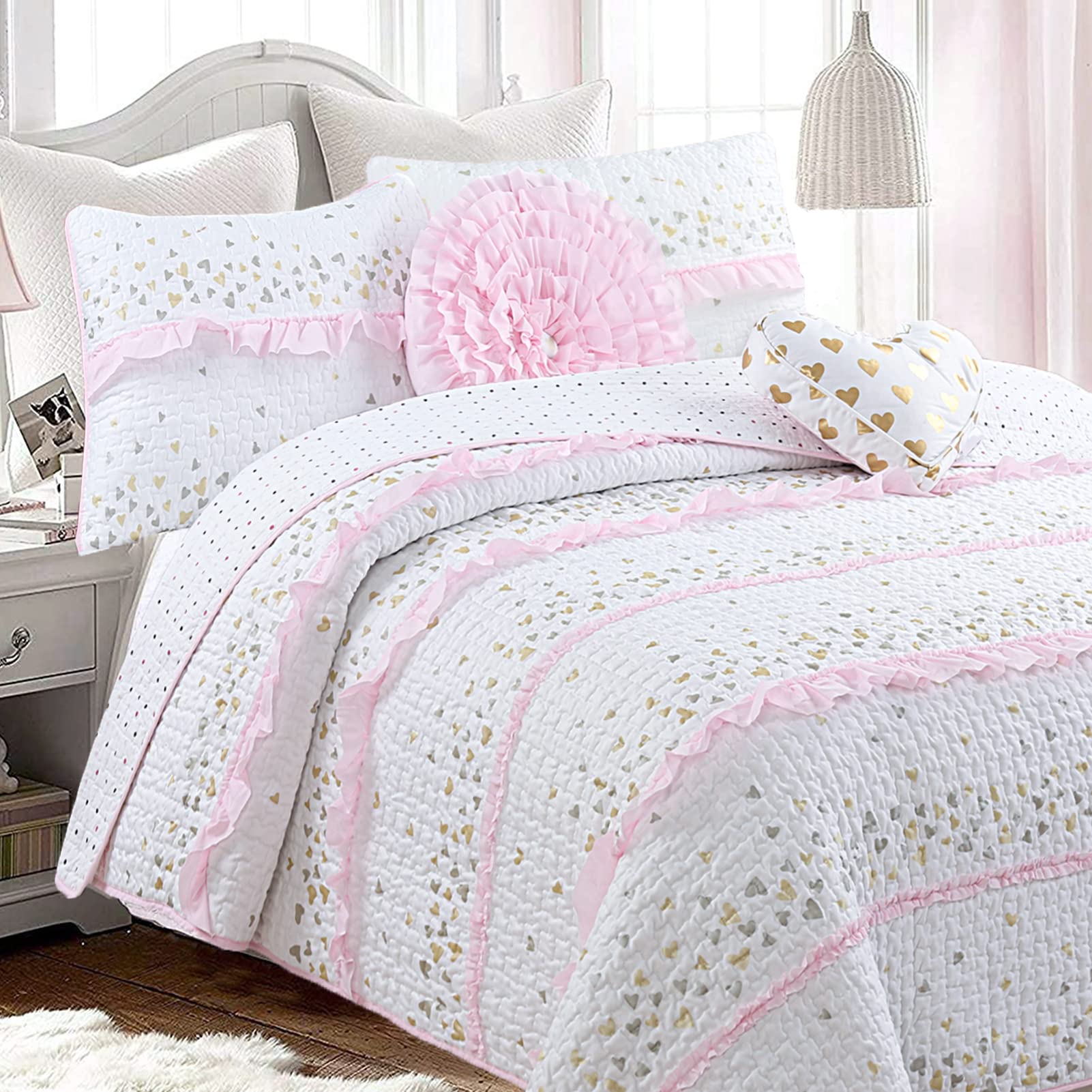 Pink Ruffle Metallic Printed Hearts Reversible Quilt Bedding Set - 3 Piece Queen Size (1 Quilt + 2 Shams) | Cozy Line Home Fashions | Soft Cotton Coverlet & Bedspread | Perfect for Girls' Bedroom, Nursery Decor or Valentine's Day Gift