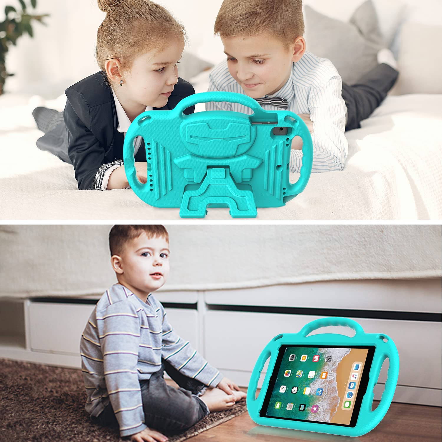 AVAWO Shockproof Kids iPad Case for iPad 6th Gen/5th Gen 9.7 inch & iPad Air 2 - Durable Protective Cover with Shoulder Strap & Handle Stand, Turquoise - Perfect for School, Travel & Home Learning