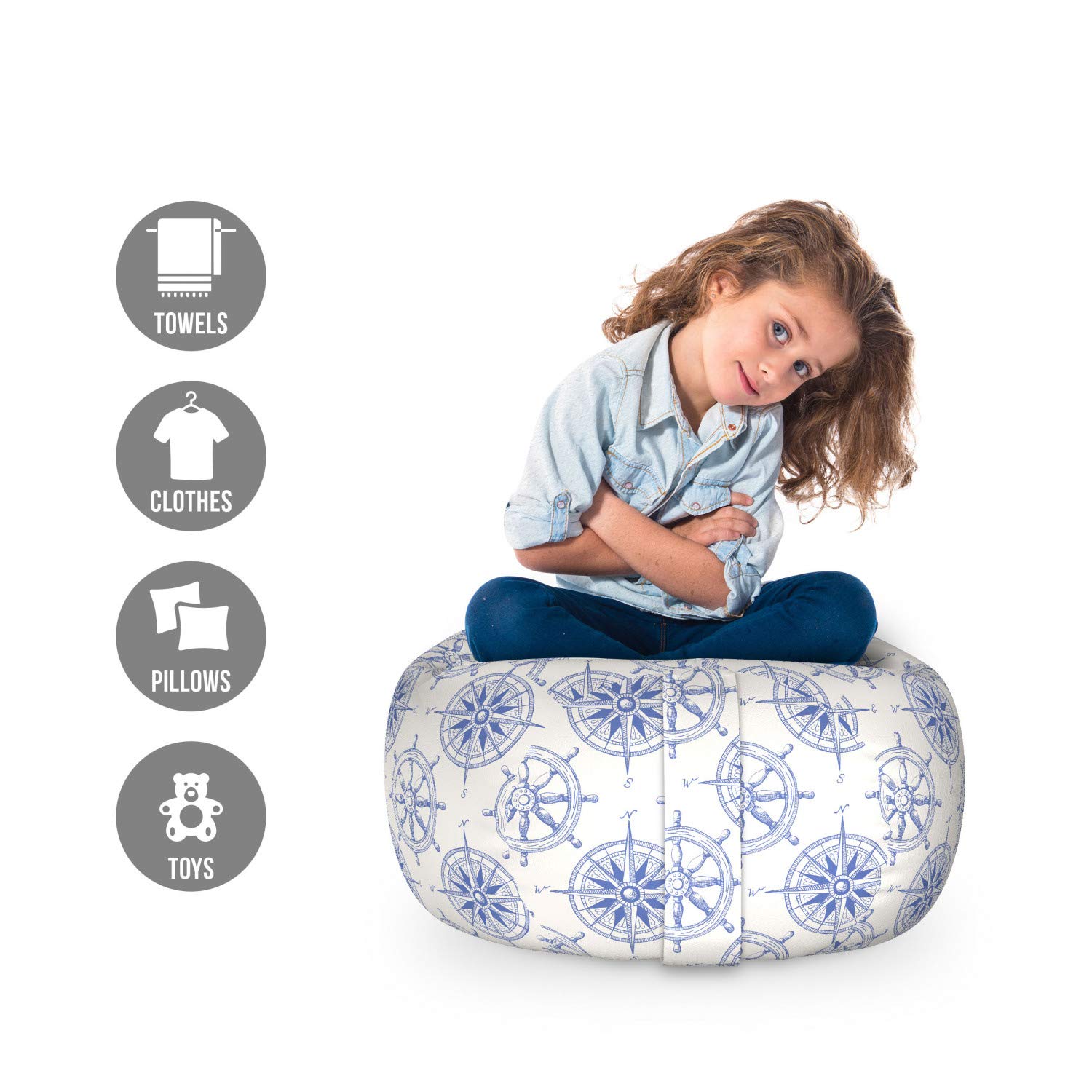 Ambesonne Nautical Toy Storage Bag Chair - Marine Themed with Hand-Drawn Ship Wheel & Compass Design - Washable Stuffed Animal Organizer for Kids Room, Nursery or Playroom - Small Size in White & Blue