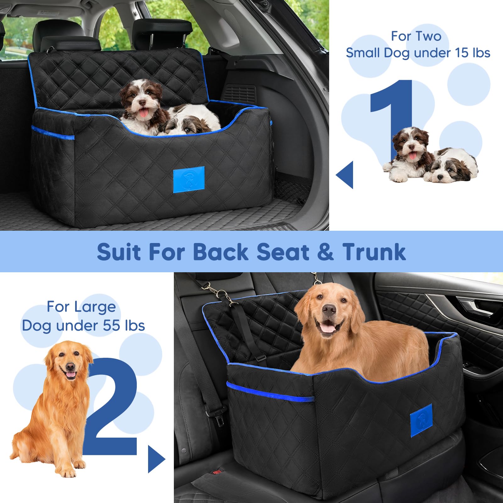 Premium Memory Foam Dog Car Seat for Large & Medium Dogs up to 55 lbs - Washable Elevated Pet Booster Seat with Safety Belt & Storage Pocket - Perfect for Road Trips, Vet Visits & Family Outings
