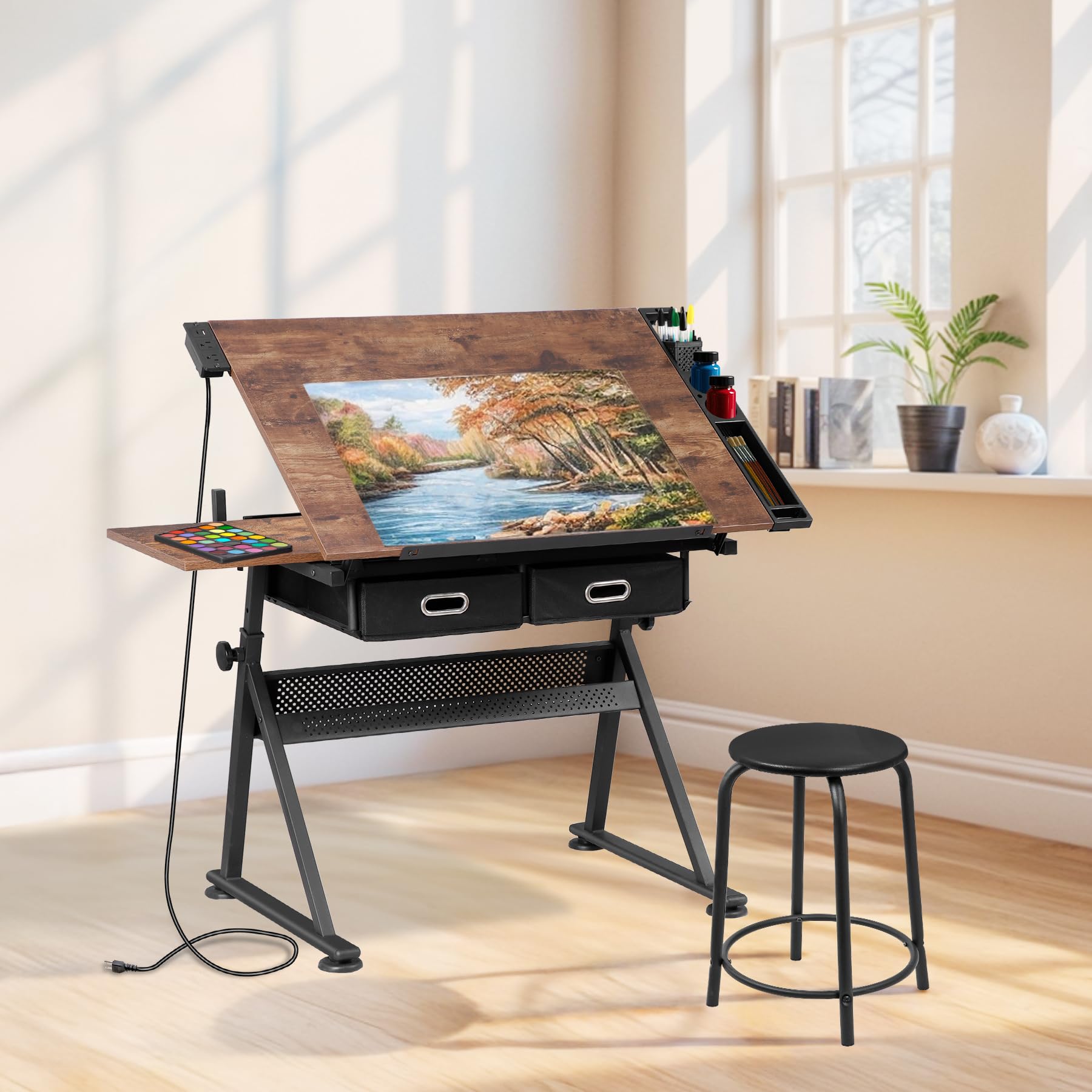 Adjustable Drafting Table with Power Outlets (2AC, USB, Type-C) - Multifunctional Tilting Art Desk with Stool & 2 Drawers - Rustic Brown Home Office Furniture for Artists, Crafters & Designers - Perfect for Sketching, Painting & Digital Art Creation