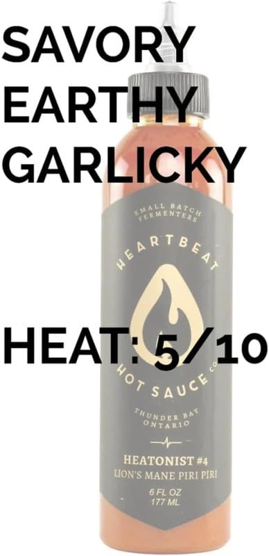Heartbeat Hot Sauce Co. | Lion's Mane Piri Piri Hot Sauce - 6 oz Bottle | Vegan, Gluten-Free, Spicy Mushroom Sauce for Wings, Tacos & Pizza