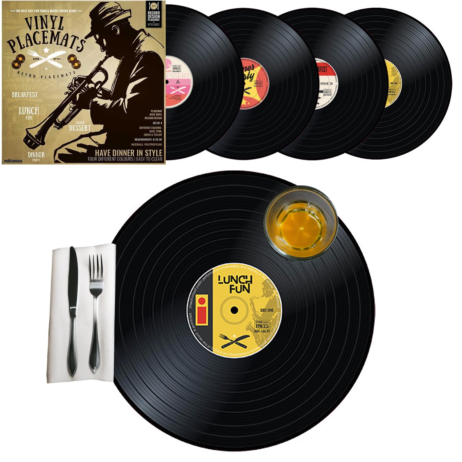 Vintage Vinyl Placemats Set of 4 - Retro Round Table Mats for Dining Decor - Black Nostalgic Tableware for Kitchen, Restaurant & Home Decor