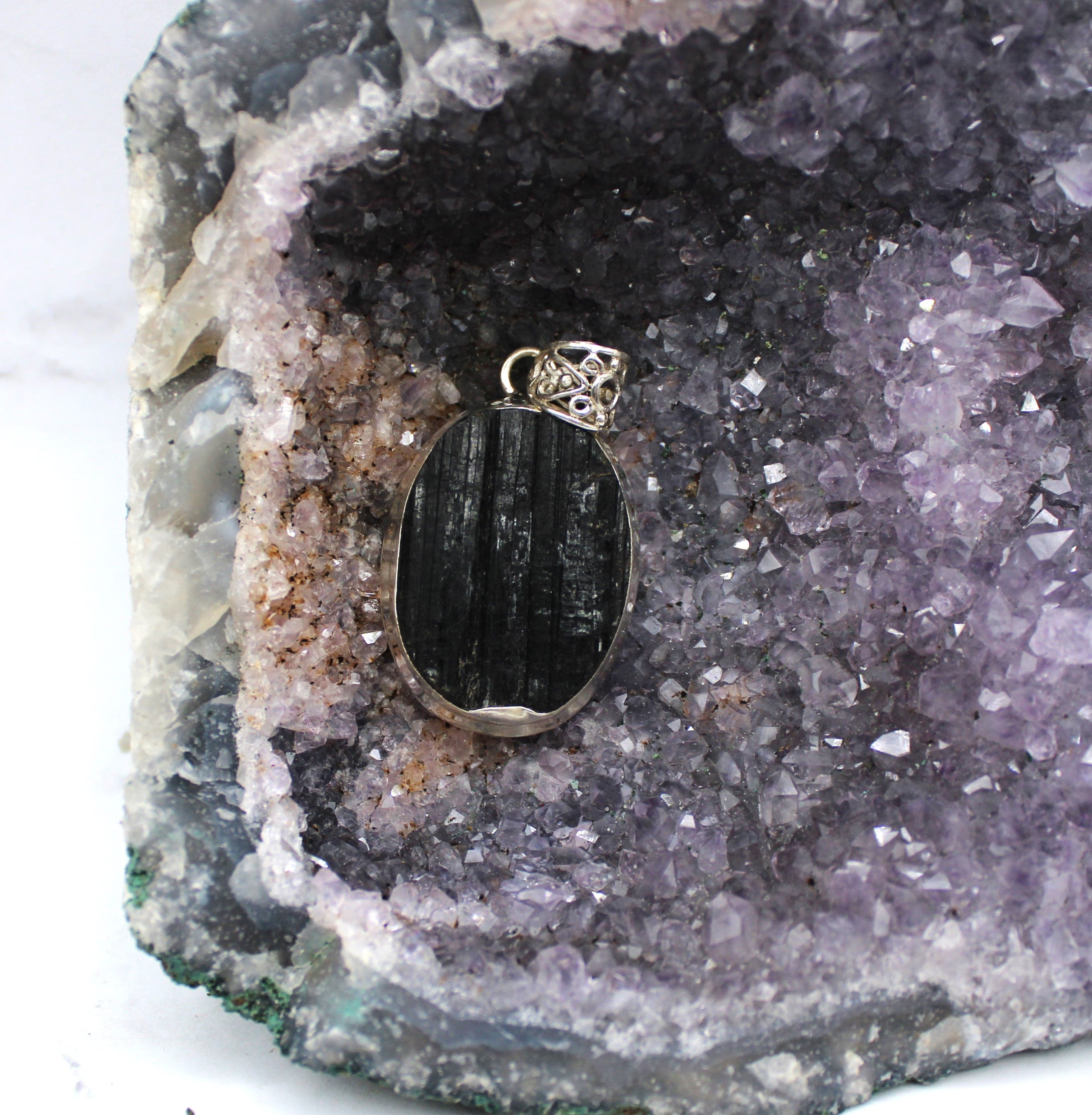 Black Tourmaline Pendant Necklace in 925 Sterling Silver - Protection Jewelry for Meditation & Energy Cleansing