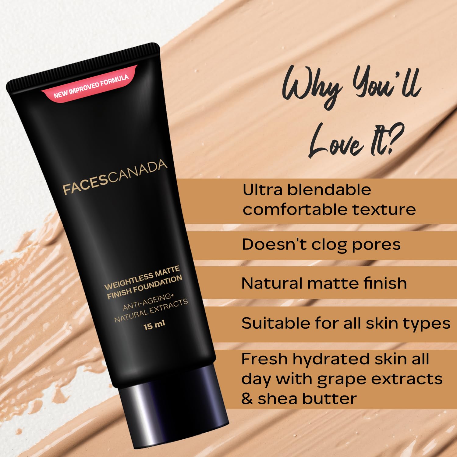 FACESCANDA Weightless Matte Finish Foundation - Beige, 15ml | Lightweight Oil-Free Liquid Makeup | Natural Matte Coverage | Anti-Aging & Non-Comedogenic | Infused with Olive Seed Oil, Grape Extract & Shea Butter | Perfect for Daily Wear & Special Occasions
