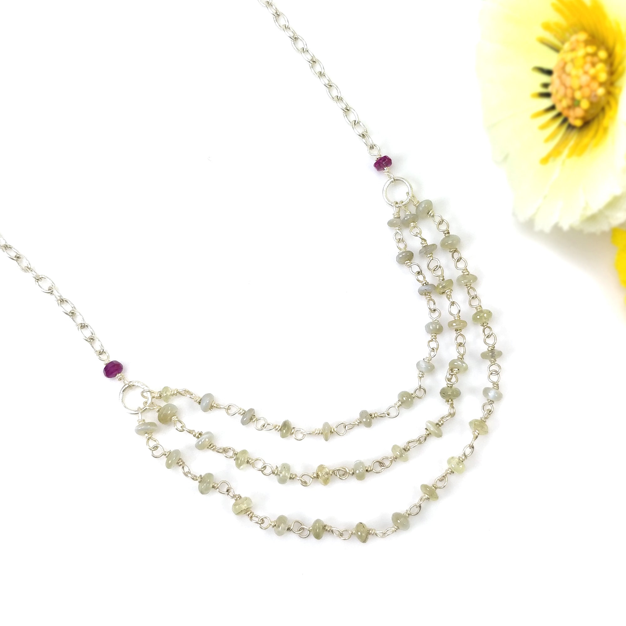 Natural Chrysoberyl Cat's Eye & Ruby Beaded Necklace - 27.65cts Untreated Gemstones with 925 Sterling Silver (3mm-3.5mm, 19