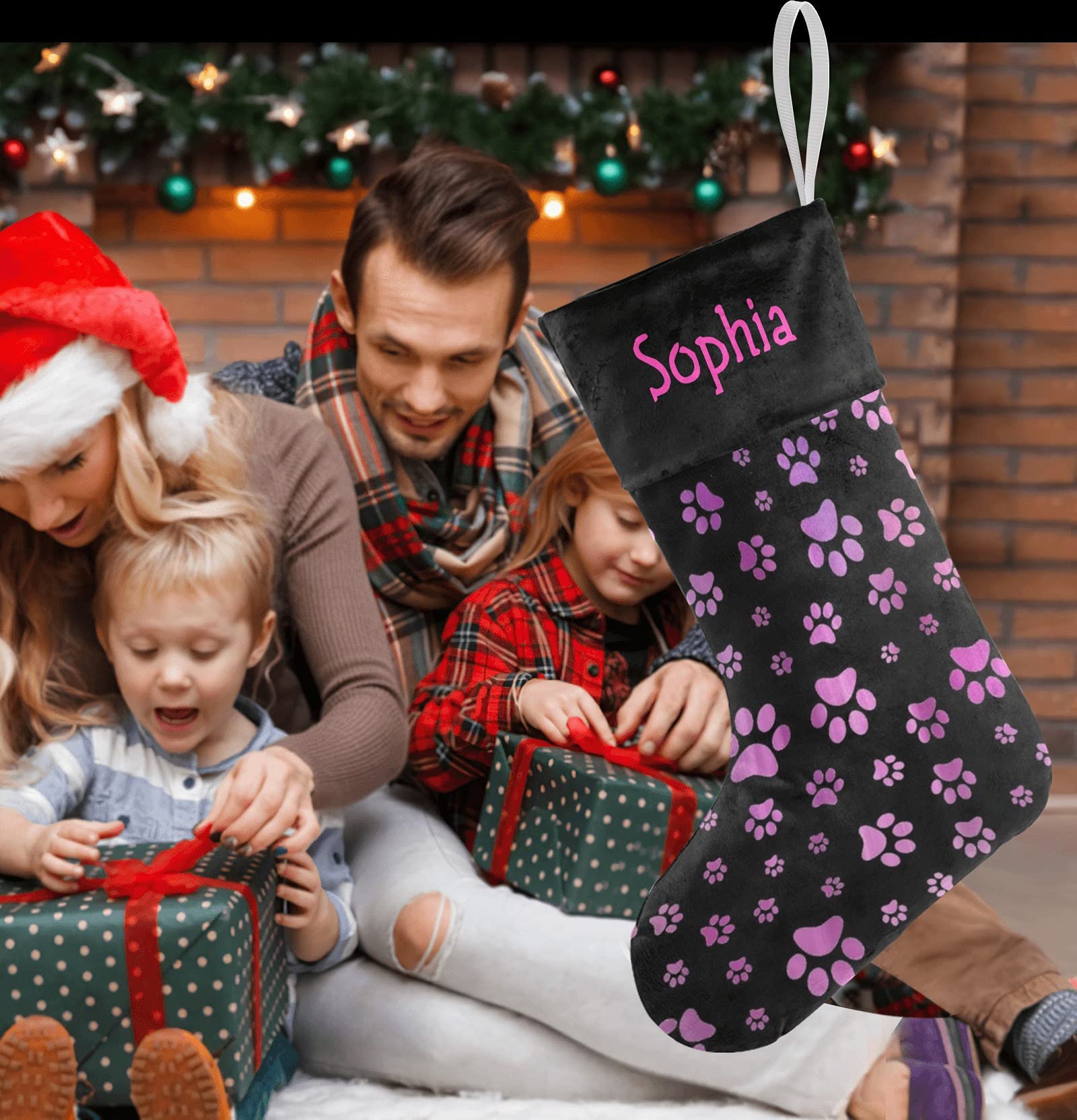Custom Purple Dog Paw Christmas Stockings with Name - Personalized Holiday Decor for Pets & Family - 17.5