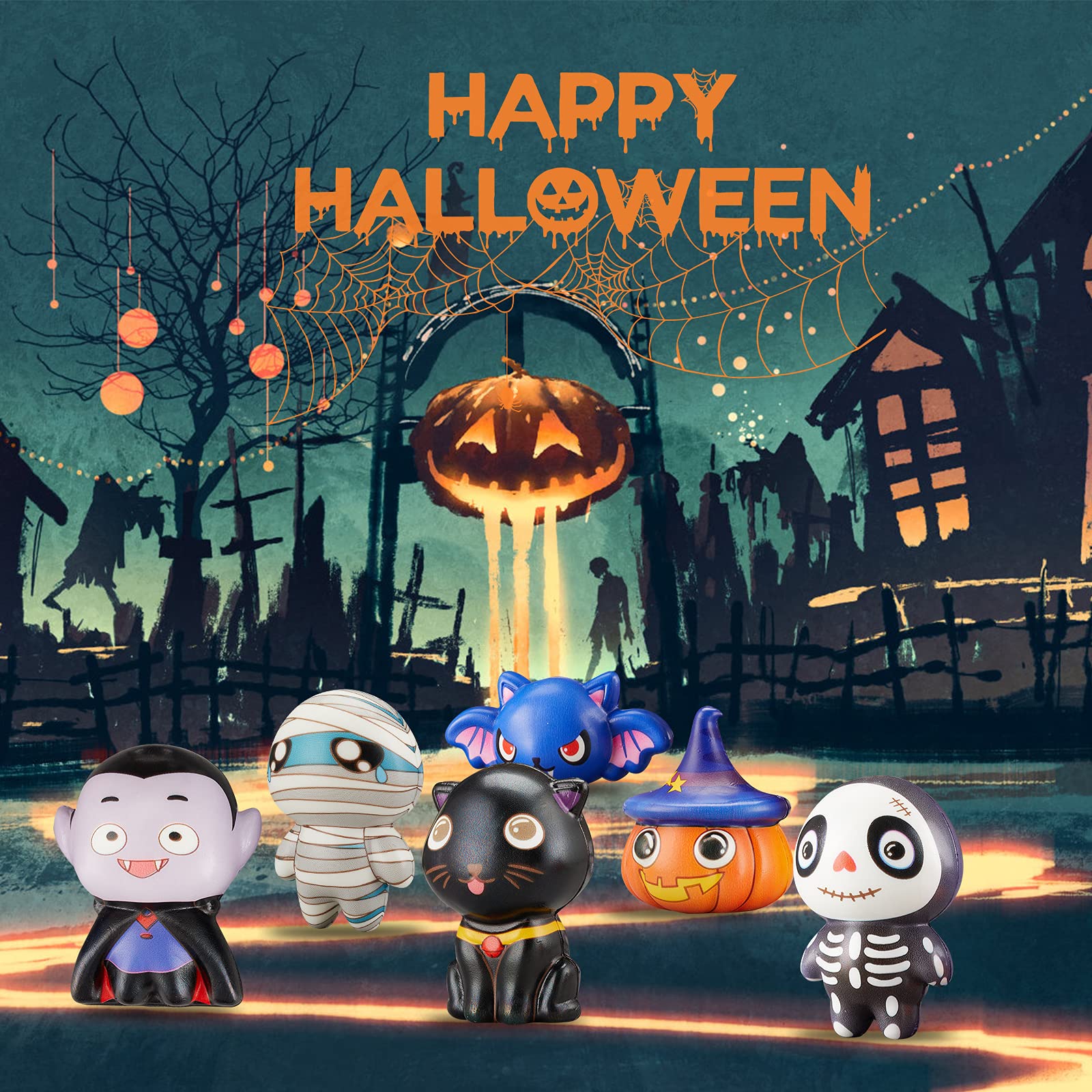 6 Pack Halloween Squishy Toys Slow Rising Stress Relief - Ghost, Vampire, Pumpkin, Skull, Black Cat, Mummy & Bat - Soft Halloween Party Favors for Kids, Boys & Girls - Perfect for Trick-or-Treating, Classroom Prizes & Goodie Bags