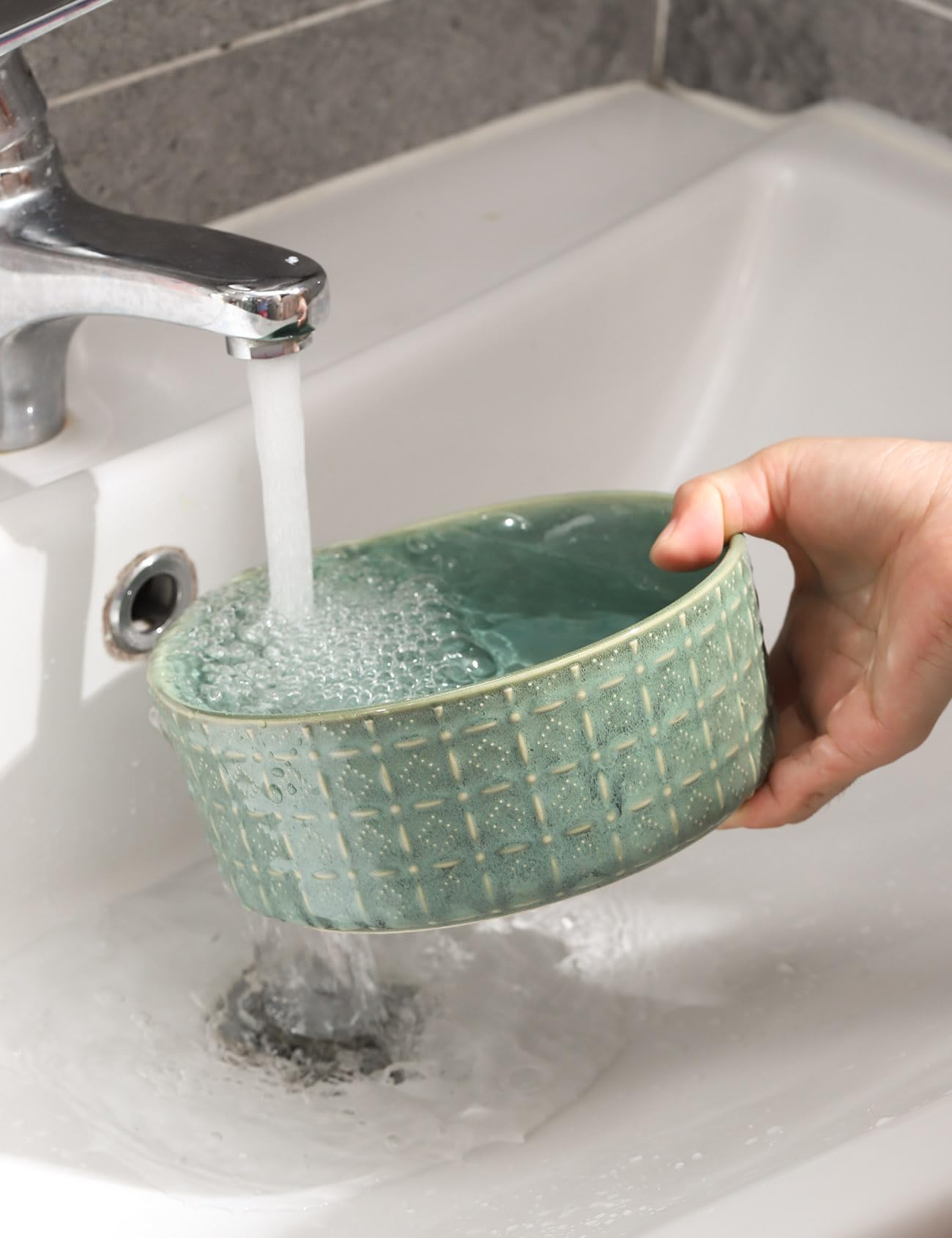 Ceramic Dog Bowl Set - 6.5 Inch Pet Food & Water Dish for Small & Medium Dogs - Non-Slip Puppy Feeding Bowl in Green - Perfect for Home, Travel & Outdoor Use