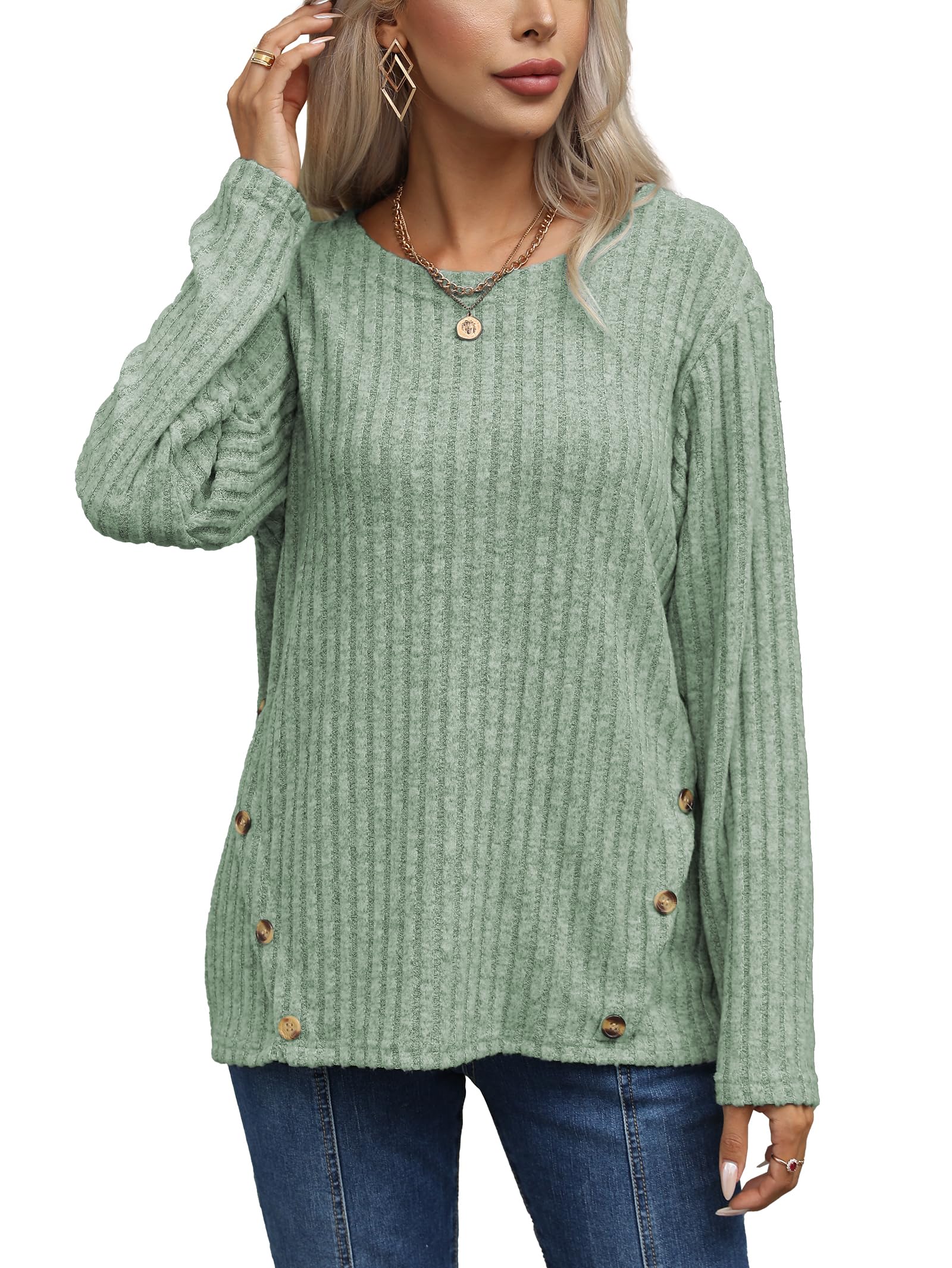 Famulily Women's Lightweight Crew Neck Knit Sweater - Casual Long Sleeve Button Down Top for Everyday Wear, Office & Fall Outfits