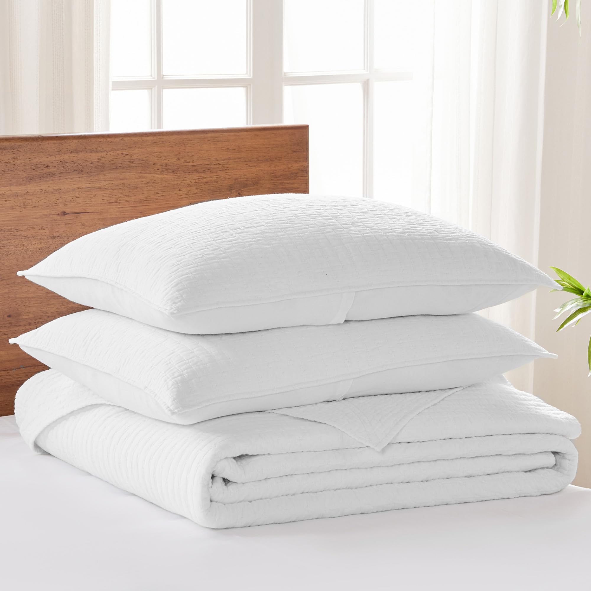 Levtex Home King Size Cross Stitch White Cotton Quilted Bedspread Set with 2 Shams (120x104in Bedspread + 20x36in Shams) - Elegant Bedroom Decor for Master Suite or Guest Room