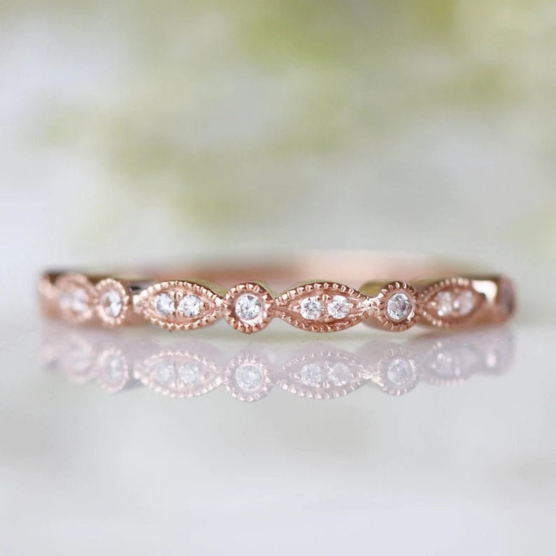 14K Rose Gold Vermeil Simulated Diamond Band Ring - Elegant Stackable Wedding & Anniversary Jewelry for Women