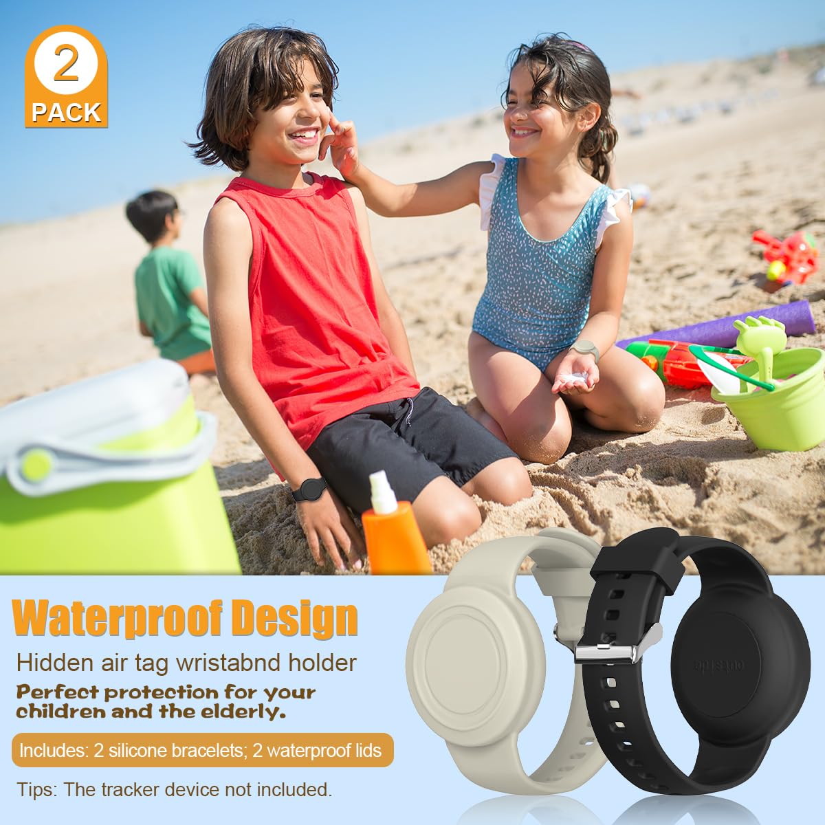 2-Pack Waterproof AirTag Bracelet for Kids & Adults - Soft Silicone Hidden Holder with Full Coverage Design - Compatible with Apple AirTag (Black & Off-White) - Perfect for Child Safety, Travel & Pet Tracking