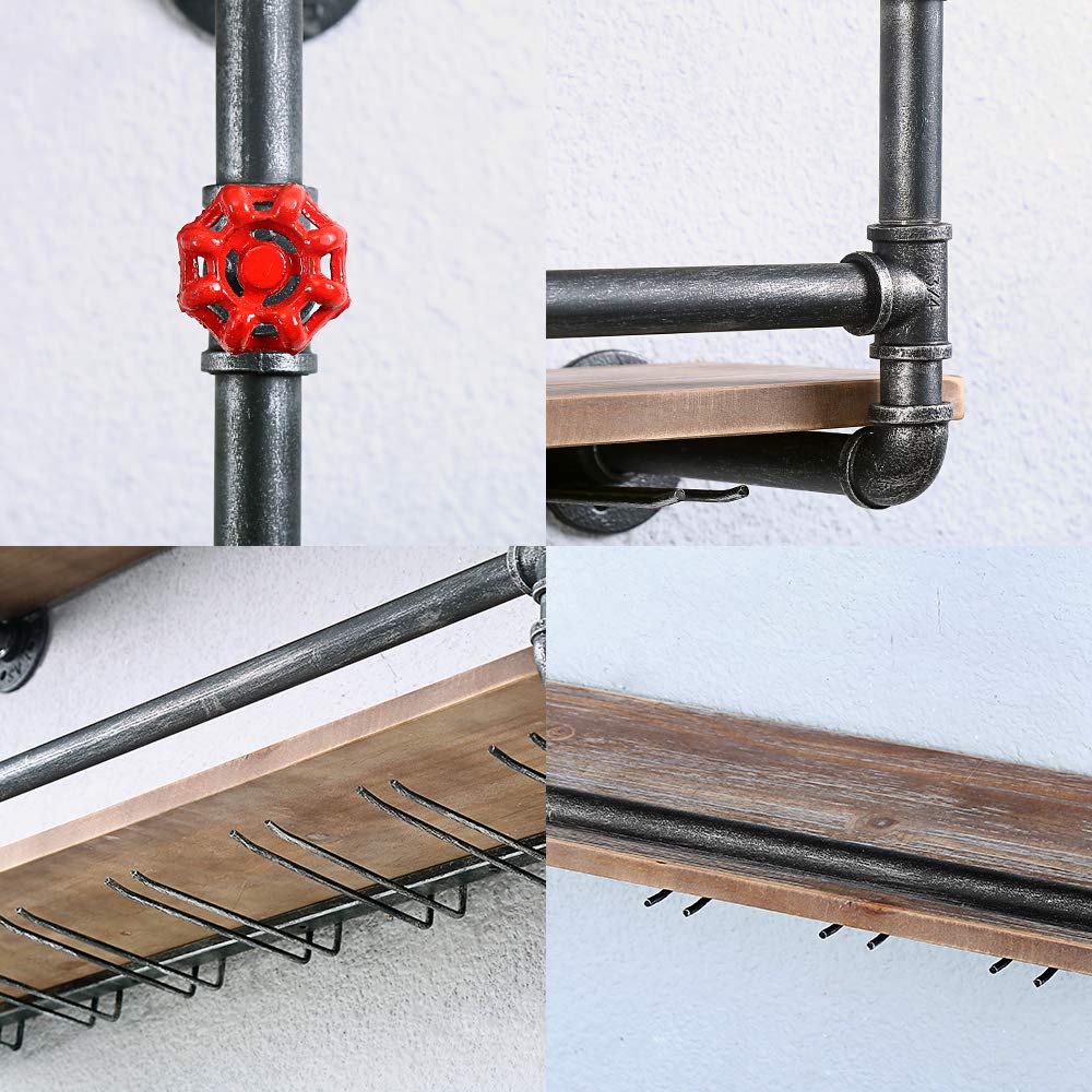 Rustic Industrial Pipe Wine Glass Rack - Wall Mounted 2-Tier Shelf with 7 Stem Holder (36 Inch) - Perfect for Kitchen, Bar, Dining Room & Wine Cellar Organization