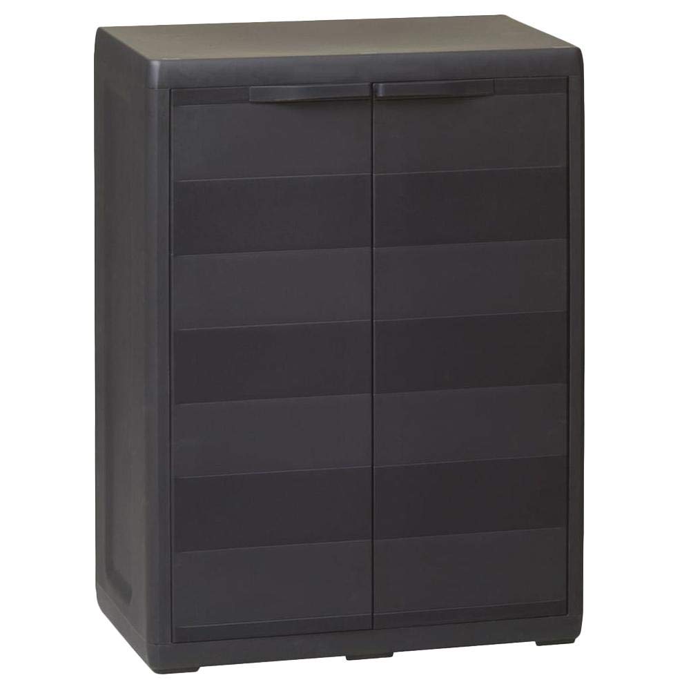 Outdoor Storage Box - Durable Black PP Vertical Storage Shed with Shelf for Backyard, Patio & Garage | Weatherproof Organizer for Gardening Tools, Pool Supplies & Seasonal Decor