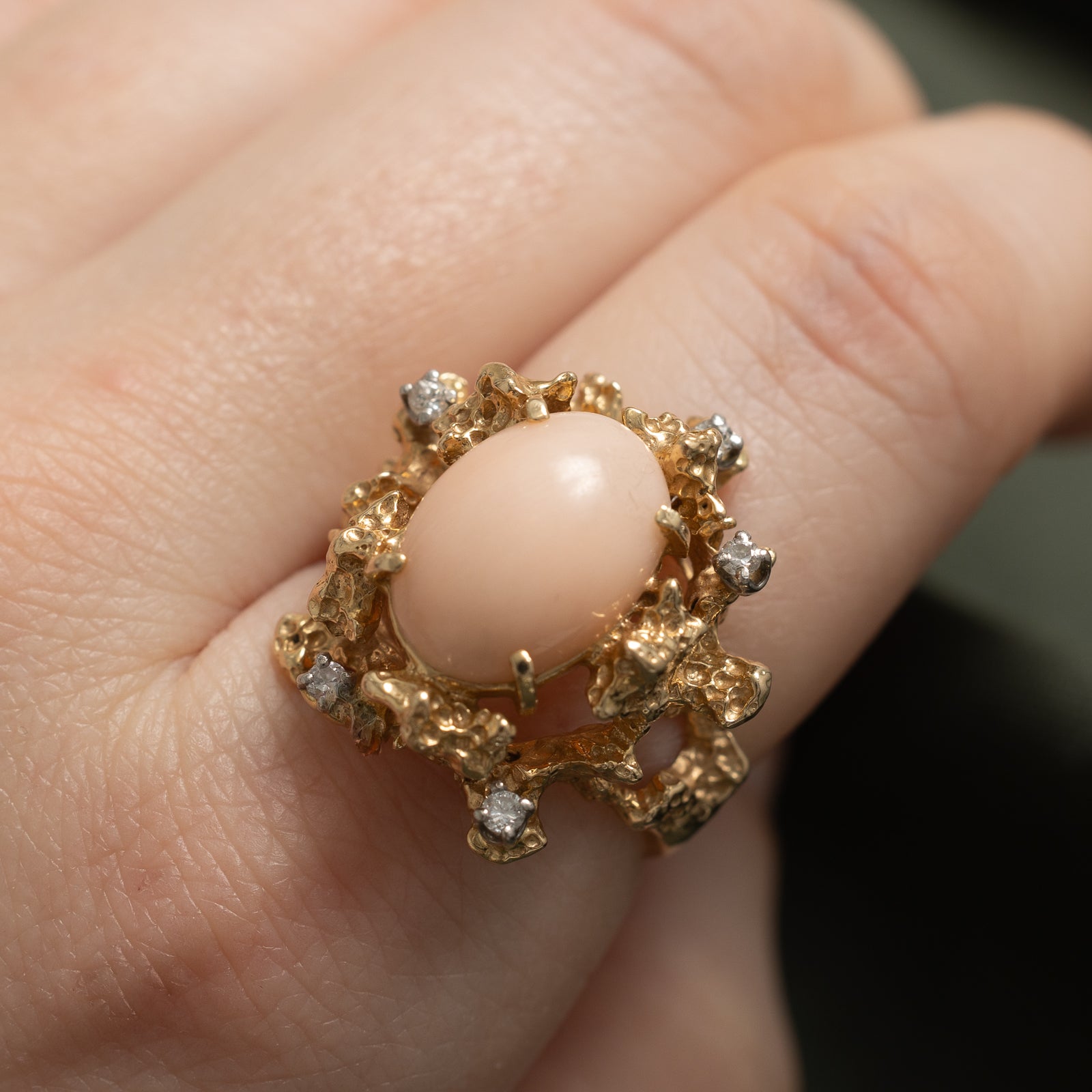 Elegant Pink Coral & Diamond Cocktail Ring - 4.25ct Natural Coral with 0.12ctw Diamonds - Size 7.25 - Perfect for Evening Parties, Weddings & Special Occasions
