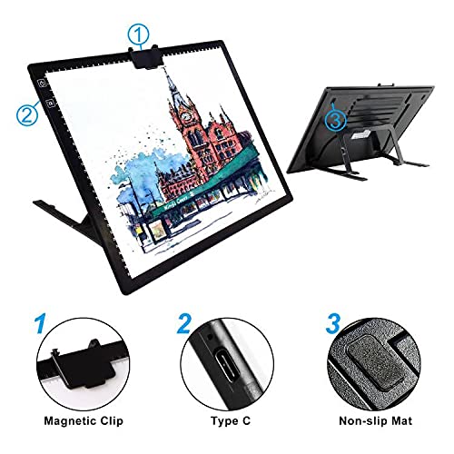 TOHETO A3 LED Light Pad - Wireless Rechargeable Tracing Light Box with Stand, 3 Color Modes & 6 Brightness Levels, Portable with Carry Bag & Magnetic Clip - Perfect for Diamond Painting, Vinyl Weeding, Calligraphy & Craft Projects