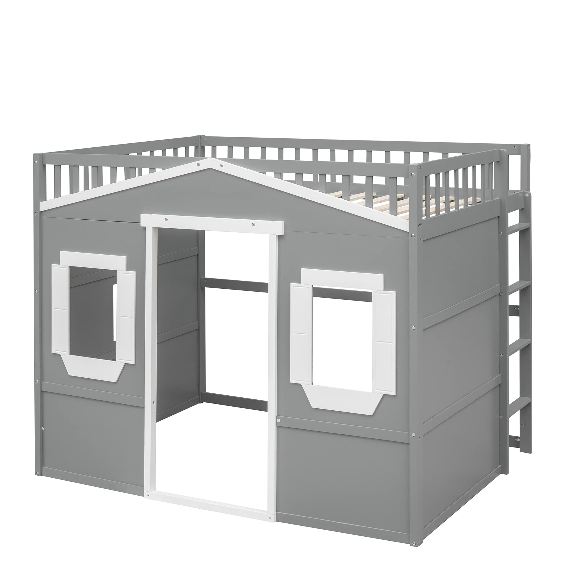 **Full Size Loft Bed with Safety Guardrail for Kids - Solid Wood Frame with Ladder & Windows - Sturdy Wood Slats Support - Space-Saving Design (Gray+White) - Perfect for Small Bedrooms, Kids' Rooms & Dormitories**