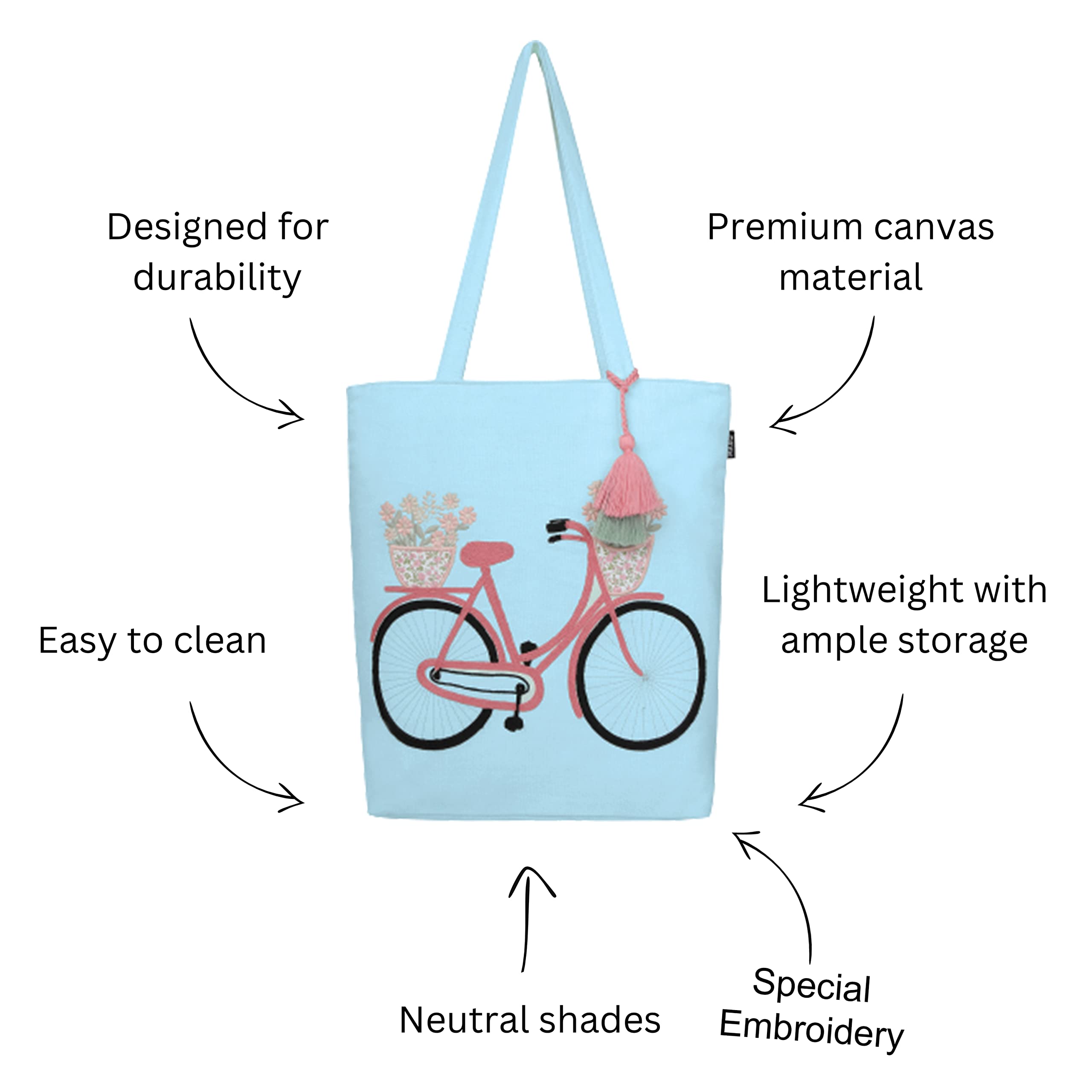 MASQ by Q-one Embroidered Large Cotton Canvas Tote Bag for Women & Girls - Stylish Designer Handbag for College, Work, Travel & Everyday Use