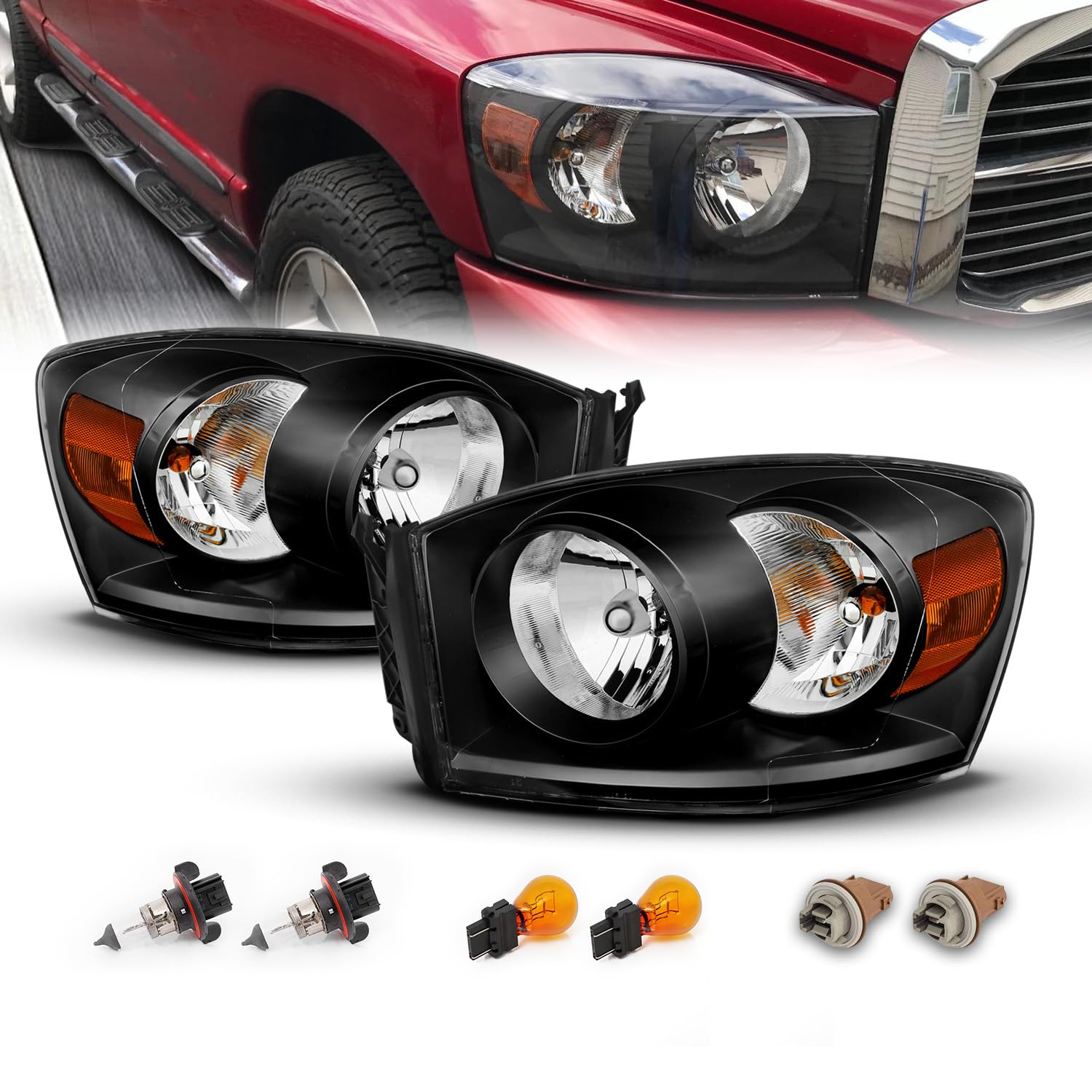 AmeriLite Black Replacement Headlights Pair for 2006-2008 Dodge Ram 1500 & 2006-2009 Ram 2500/3500 (Bulbs Included) - Perfect for Night Driving & Off-Road Adventures