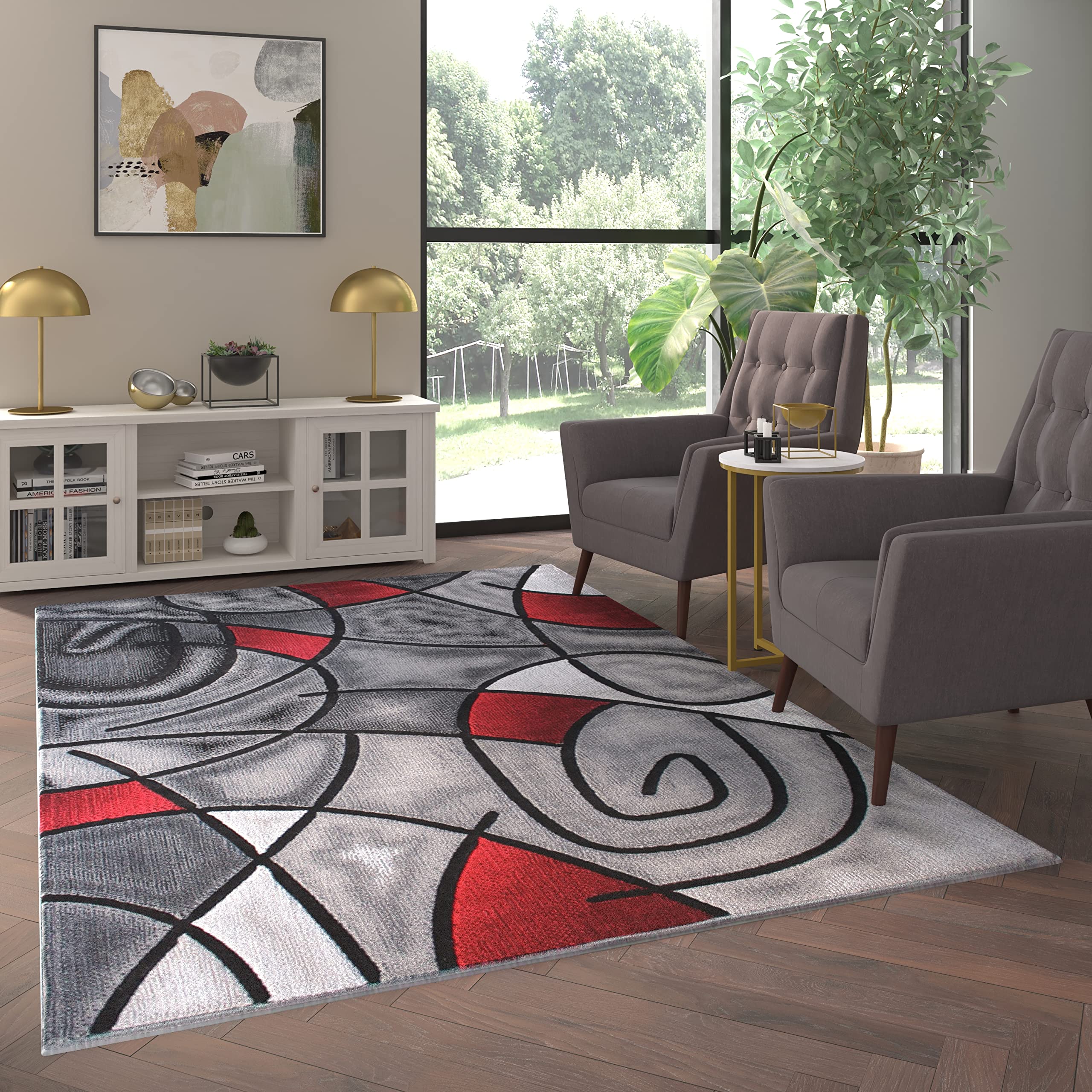EMMA + OLIVER Urbane Plush Olefin Accent Rug - 6x9 Feet Abstract Geometric Design with Gray Gradient & Red Accents - Stain & Moisture Resistant Indoor-Outdoor Rug - Perfect for Living Room, Bedroom or Office Decor
