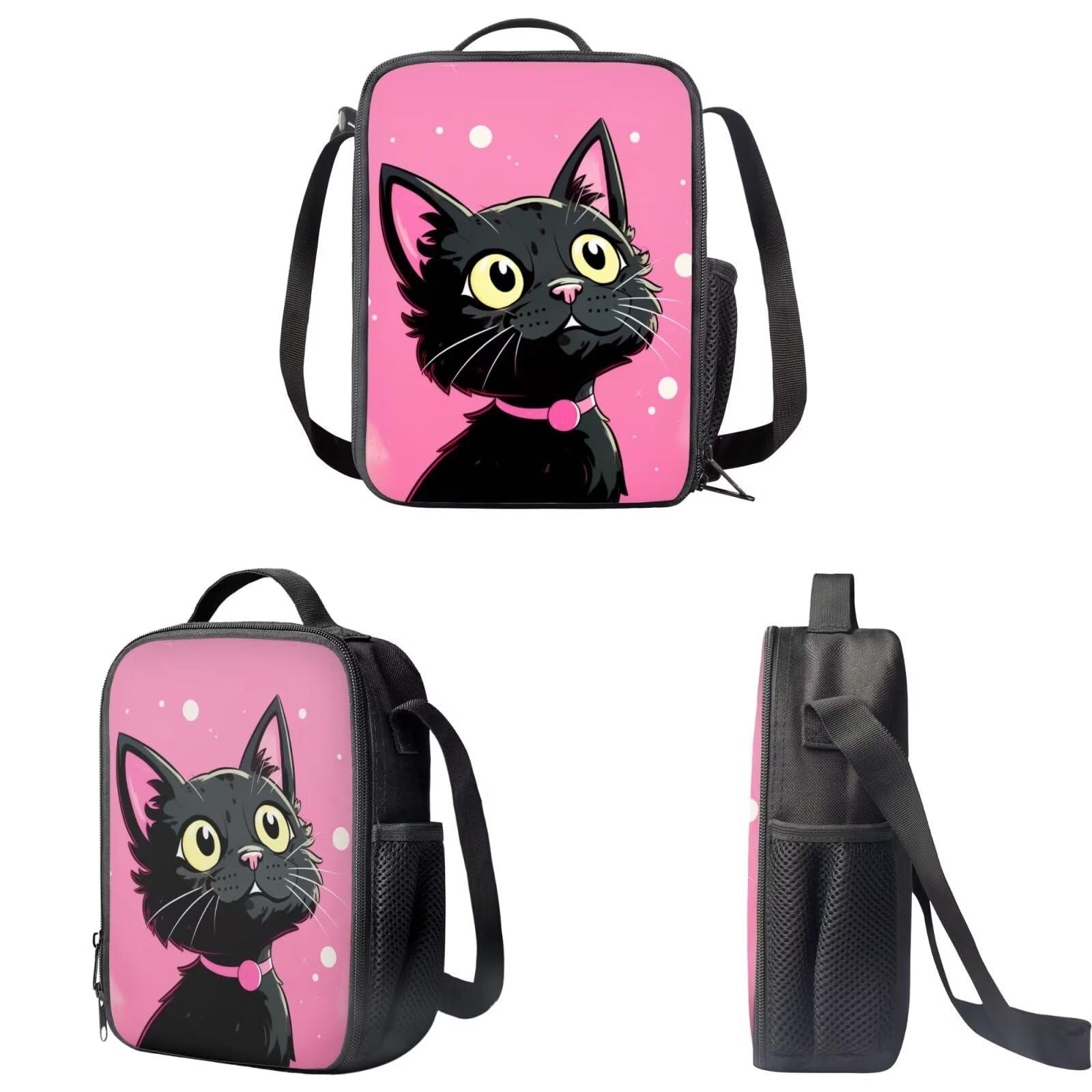 Black Cat Backpack for Teen Girls - 3-in-1 School Bag Set with Lunch Box & Pencil Case - 17 Inch Pink Bookbag for Elementary & Middle School (5th/6th Grade) - Perfect for School, Travel & Daily Use