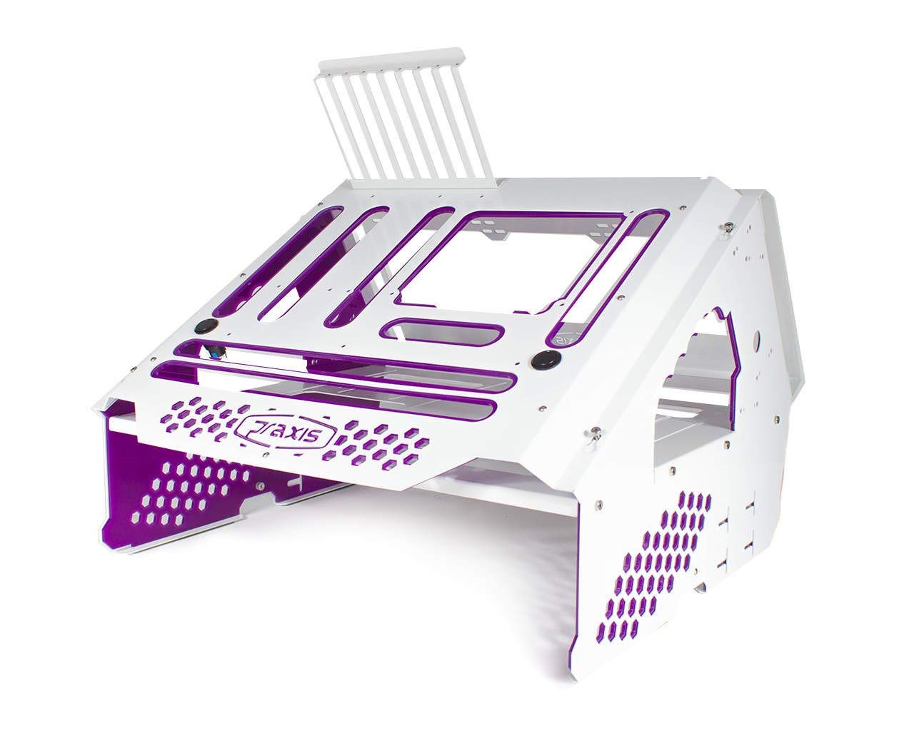 PrimoChill Praxis Wetbench - Powder Coated Steel Modular Open Air Computer Test Bench for Water Cooling & Air Cooling PC Builds - White with Purple Accents - Perfect for PC Builders, Overclockers & Hardware Testing