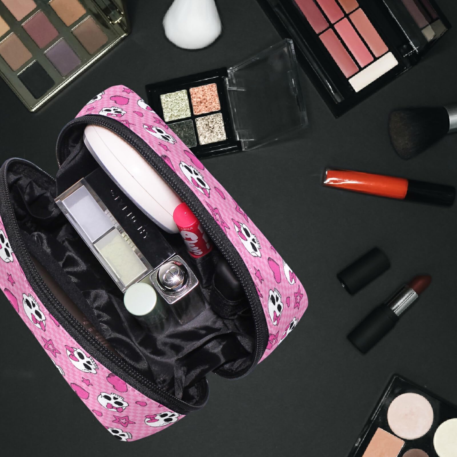 Pink Skull Makeup Bag for Women - Travel Cosmetic Organizer with Compartments | Perfect for Girls' Toiletries & Travel Essentials